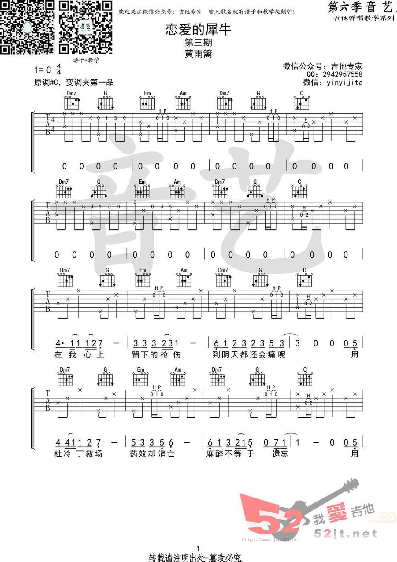 恋爱的犀牛吉他谱_黄雨篱_C调和弦弹唱谱_原版_图谱1