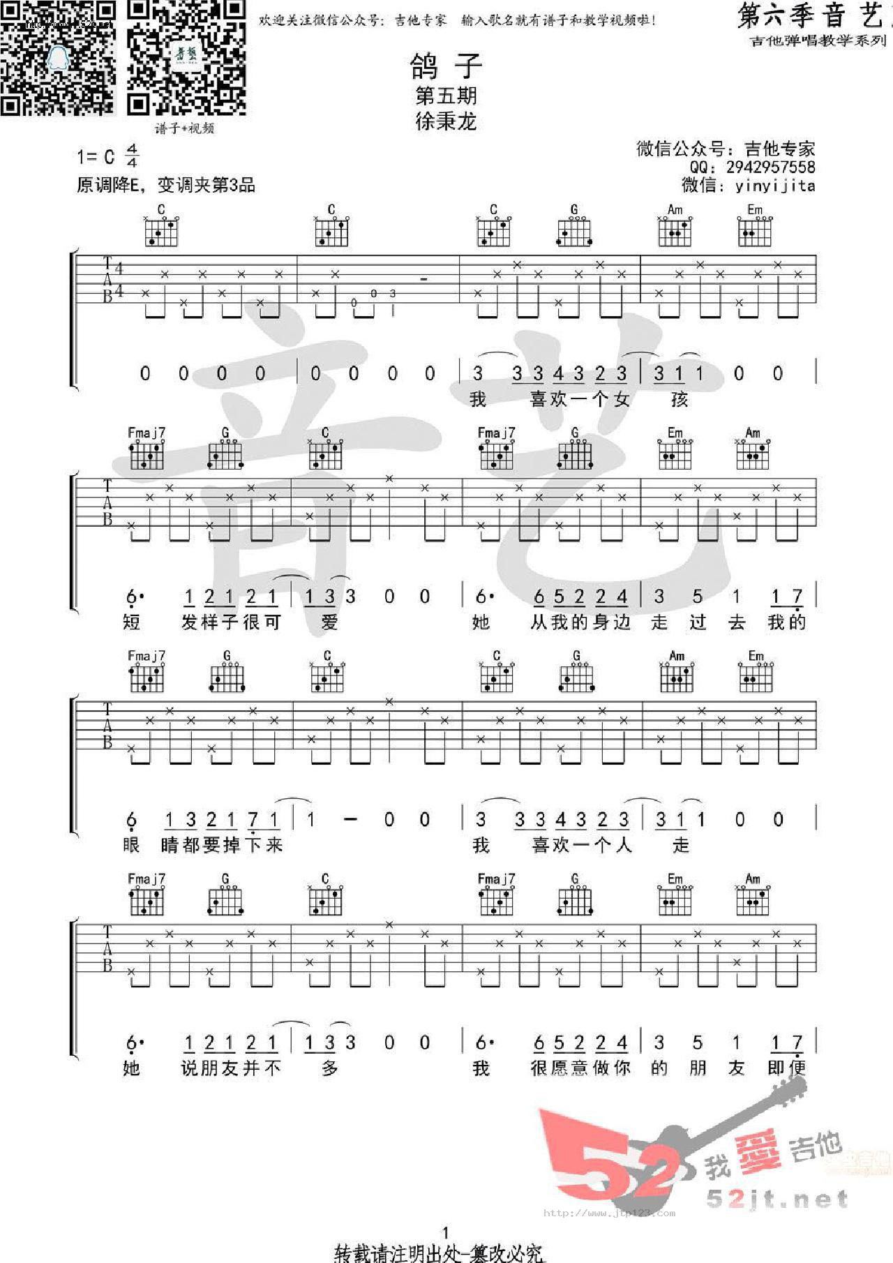 鸽子吉他谱_徐秉龙_C调和弦弹唱谱_原版_图谱1