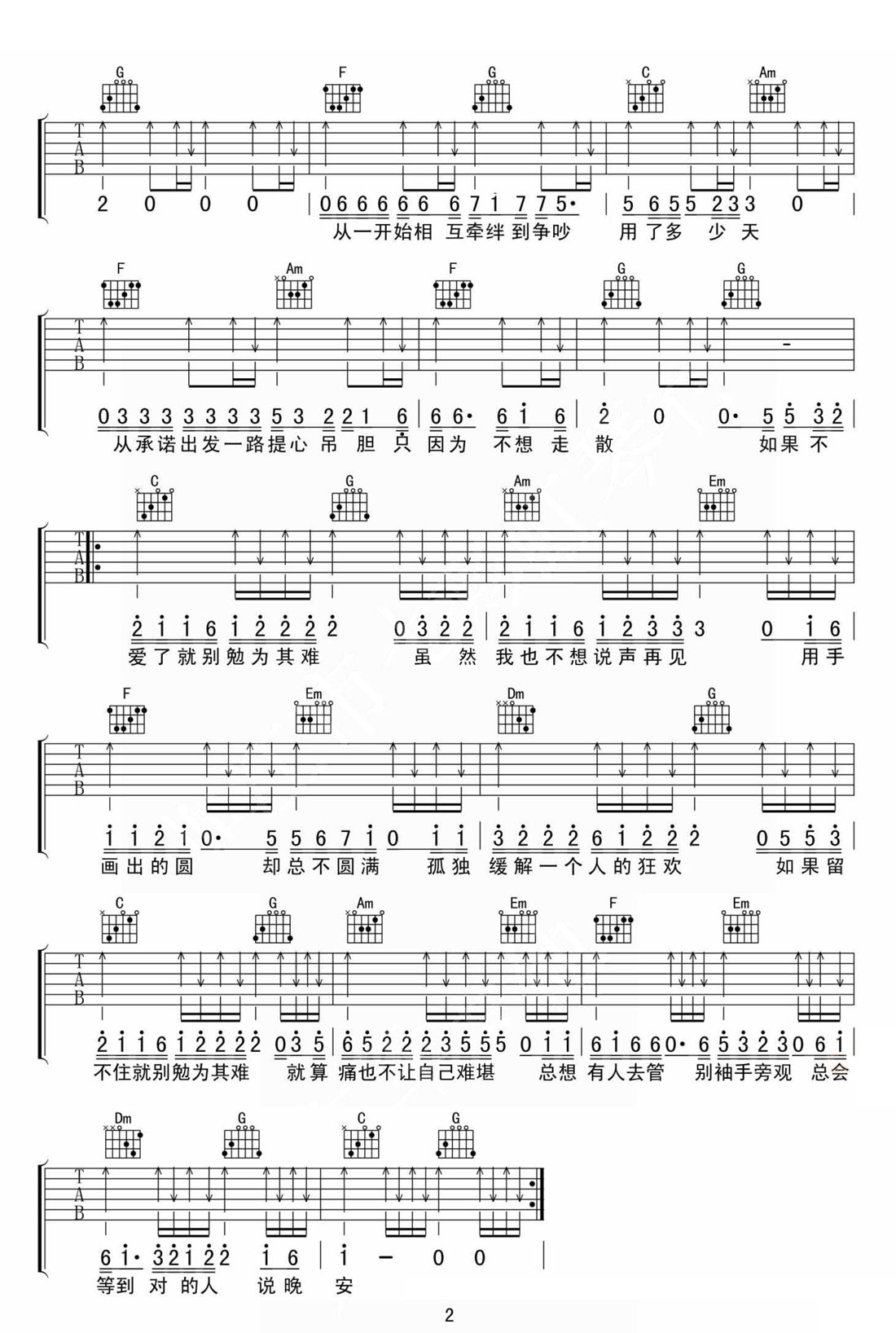 勉为其难吉他谱_王冕_C调和弦弹唱谱_高清重制版_图谱2