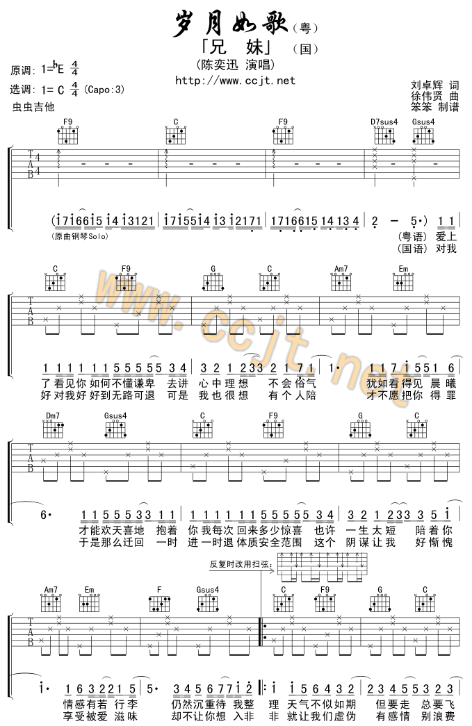 岁月如歌吉他谱_C调简单版_陈奕迅