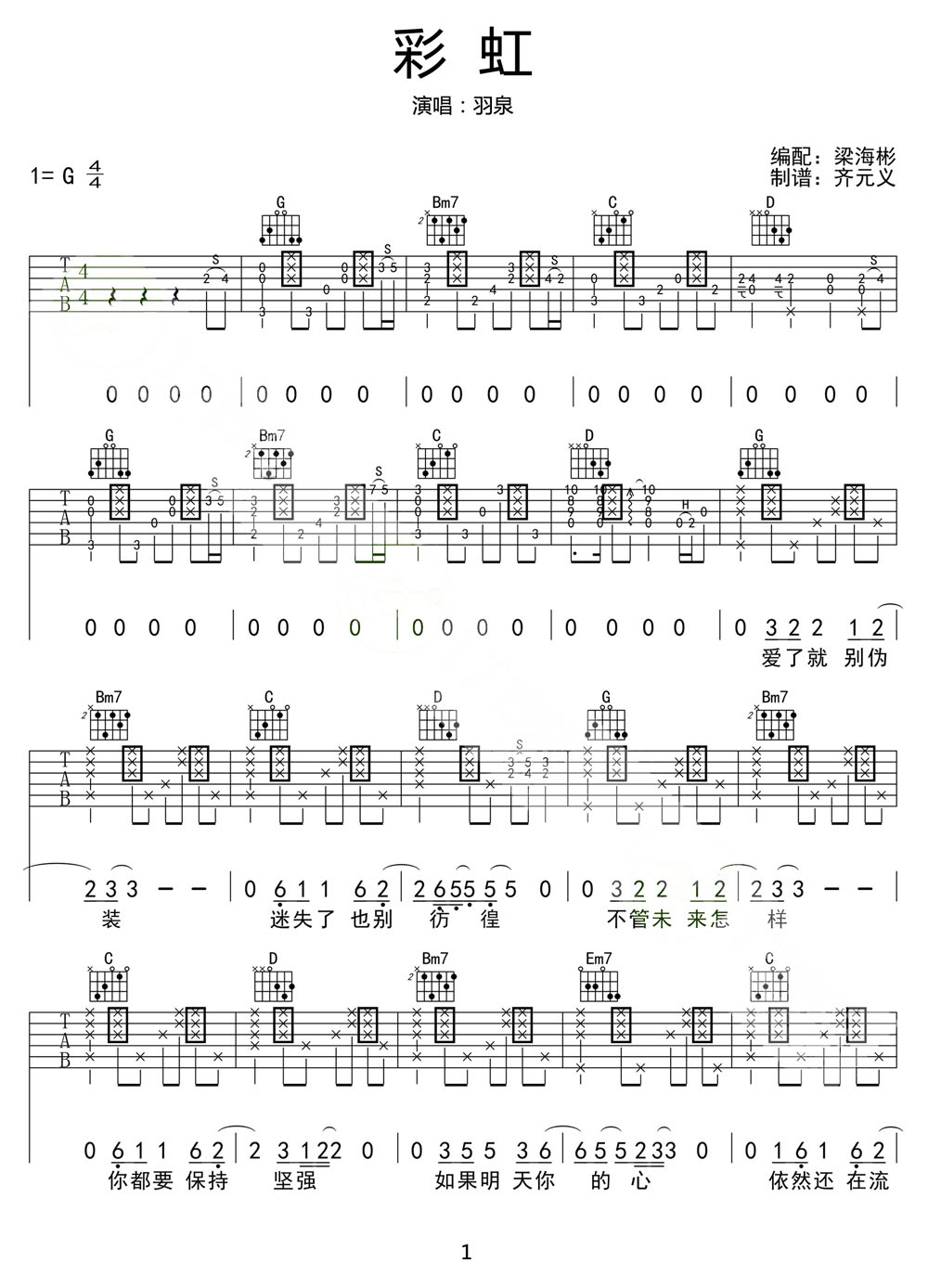 彩虹吉他谱_羽泉_G调和弦弹唱谱_拍弦版_图谱1