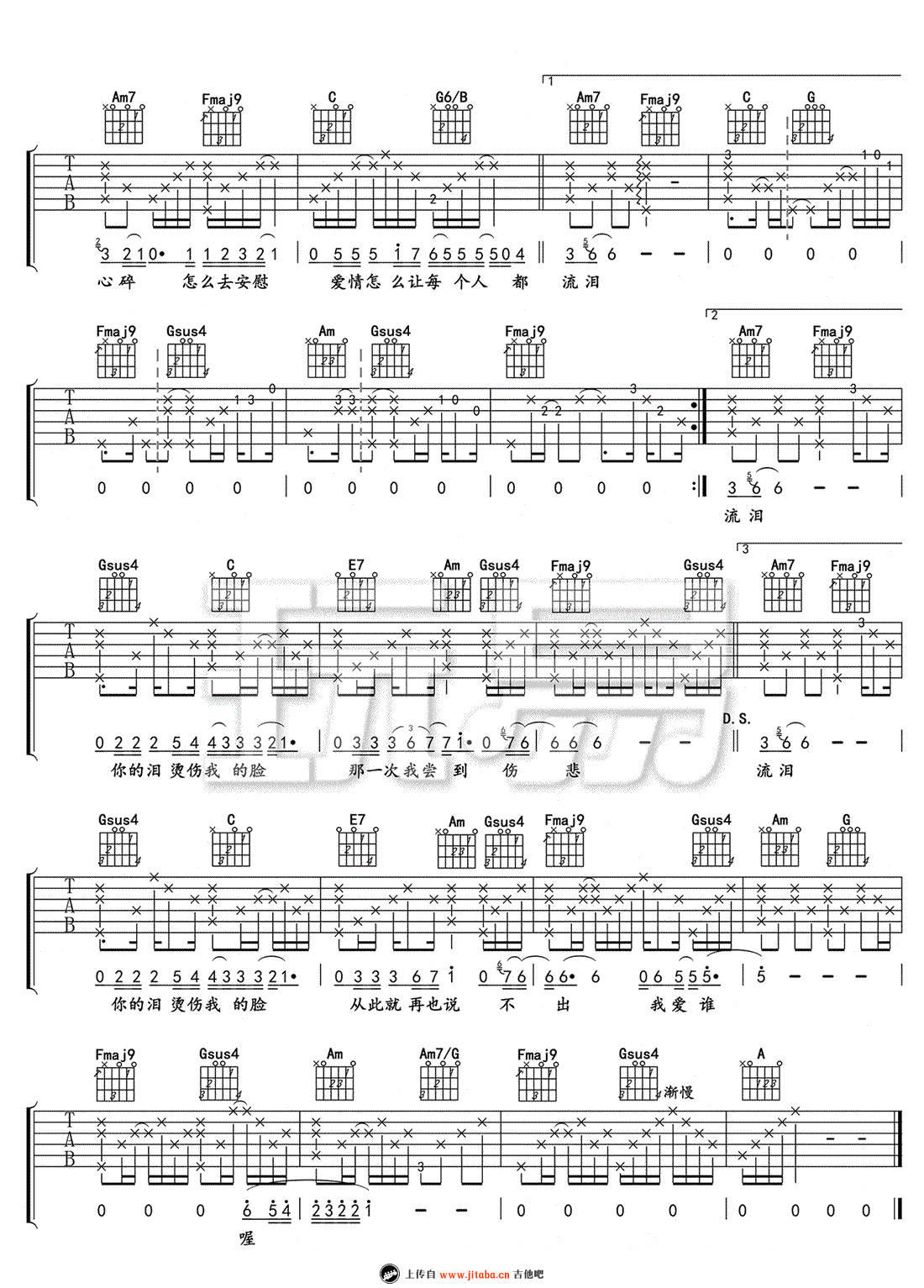 让每个人都心碎吉他谱_D调_玩易吉他编配_黄大炜