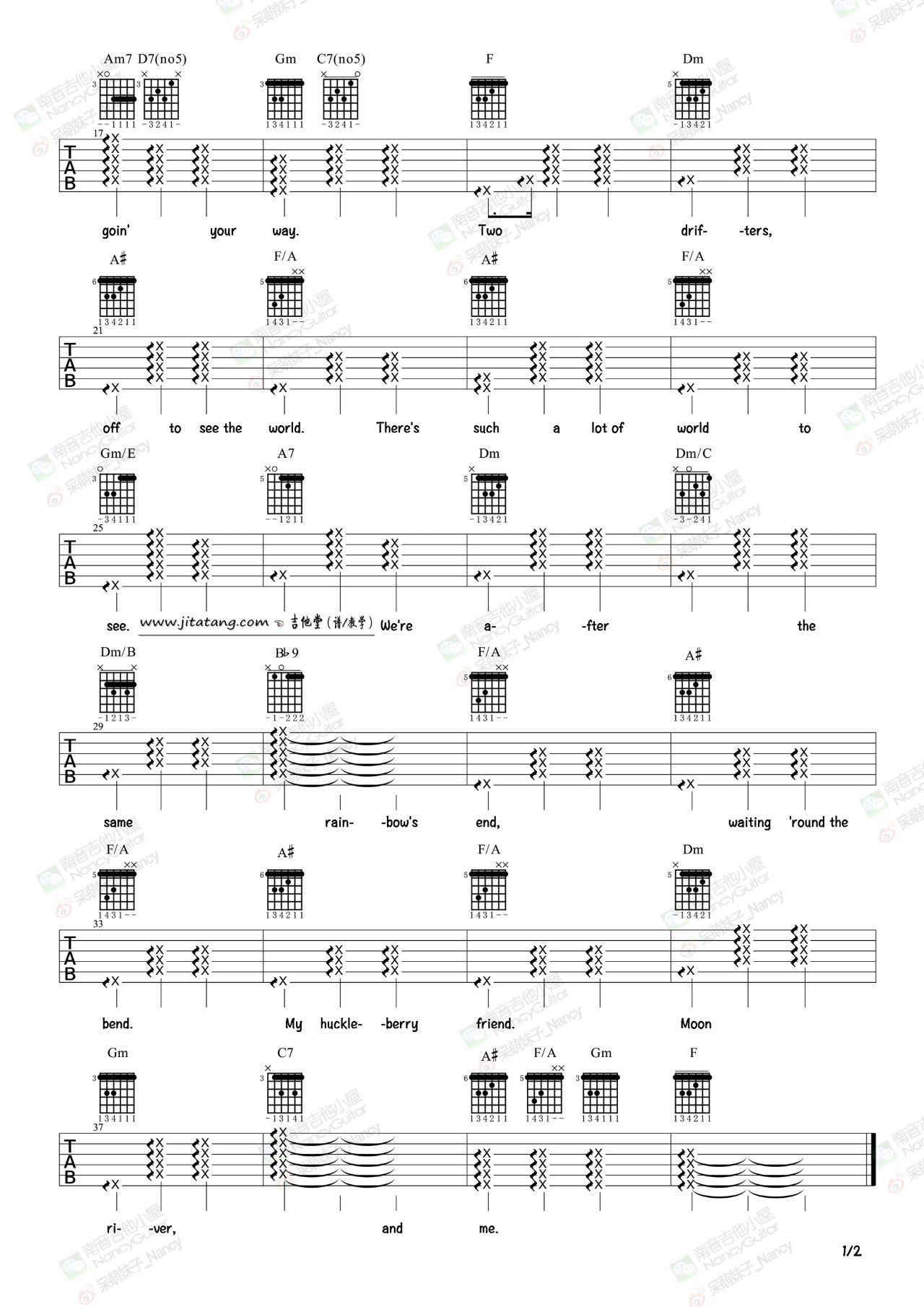 月亮河吉他谱_F调_南音吉他小屋编配_Audrey_Hepburn