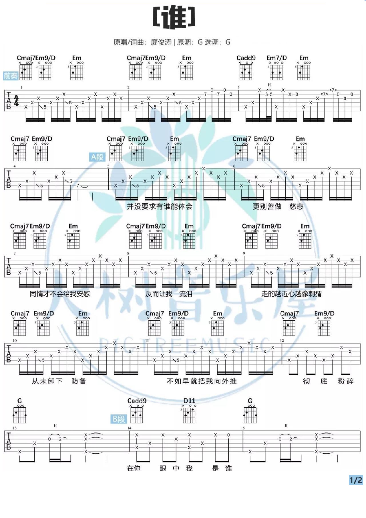 谁吉他谱_廖俊涛_G调和弦弹唱谱_简易版_图谱1