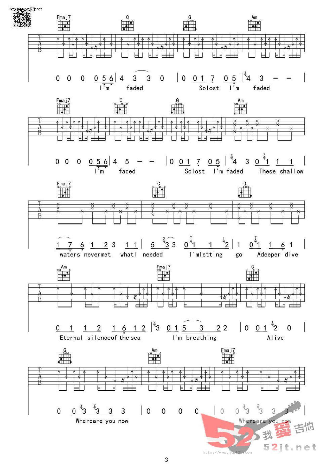 faded芃文琴行出品吉他谱_AlanWalker_C调和弦弹唱谱_图谱3