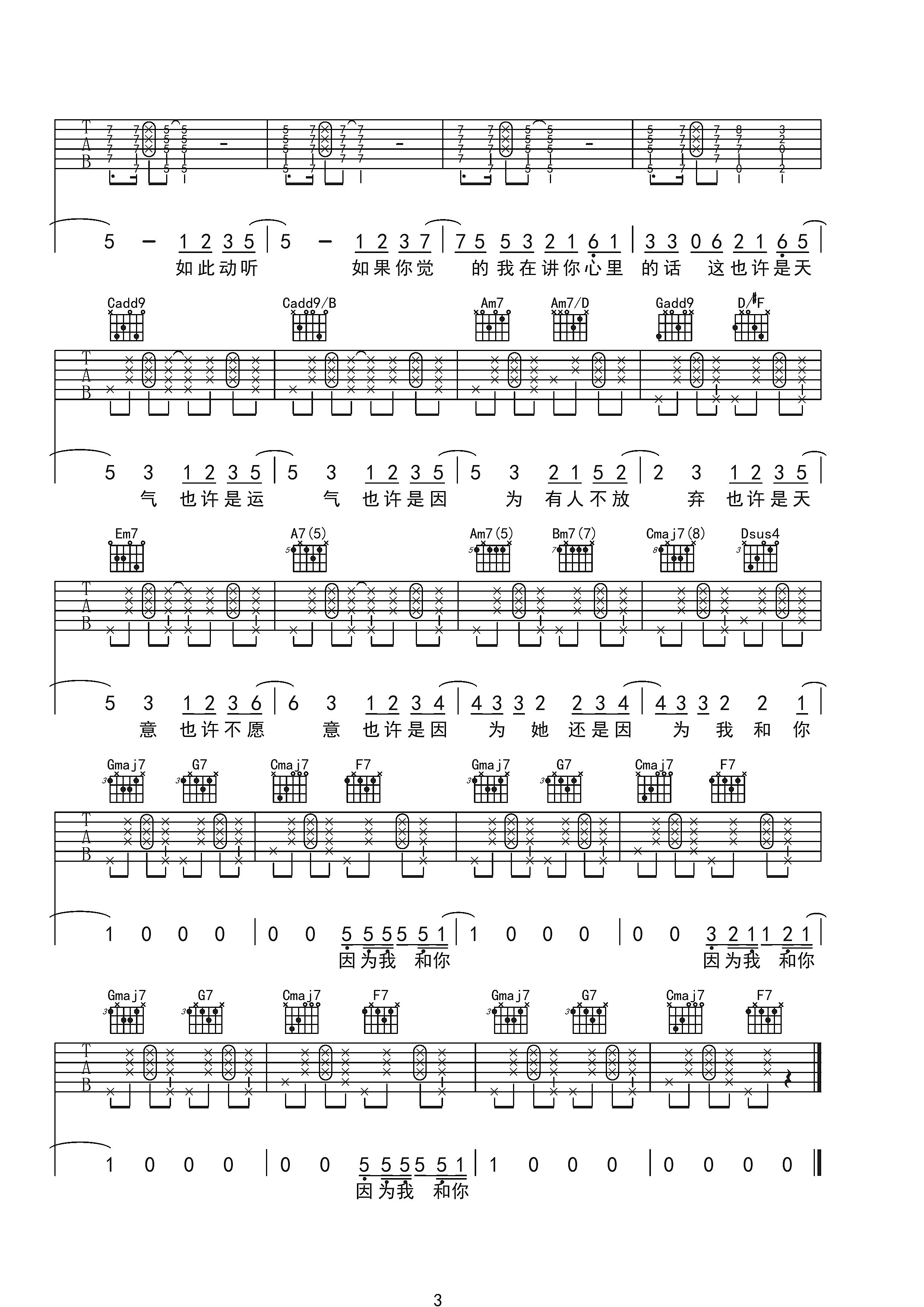 因为你吉他谱_G调六线谱_高清版_方大同