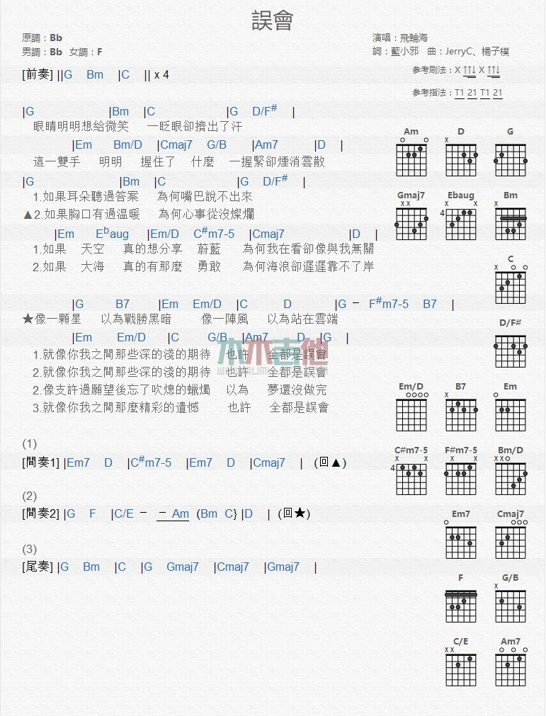 误会_吉他谱_飞轮海