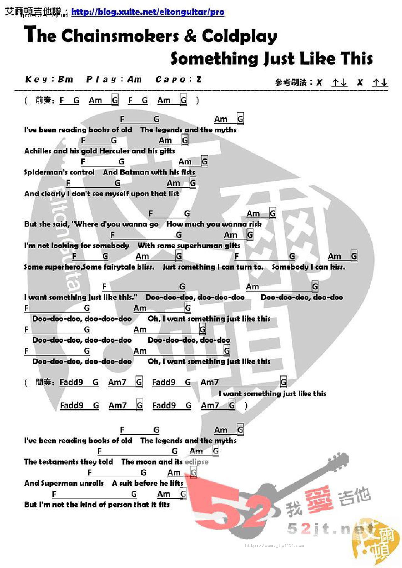 SomethingJustLikeThis吉他谱_TheChainsmokers_A调和弦弹唱谱_简单版_图谱1