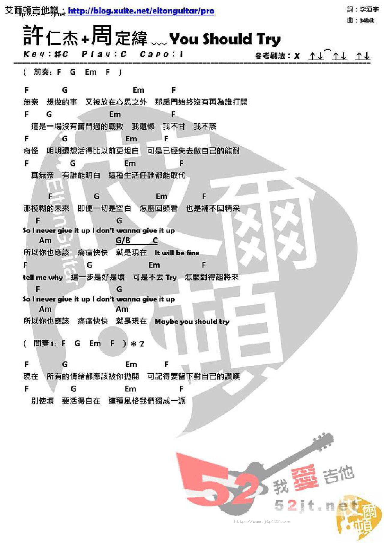 YouShouldTry许仁杰周定纬吉他谱_许仁杰_C调和弦弹唱谱_图谱1