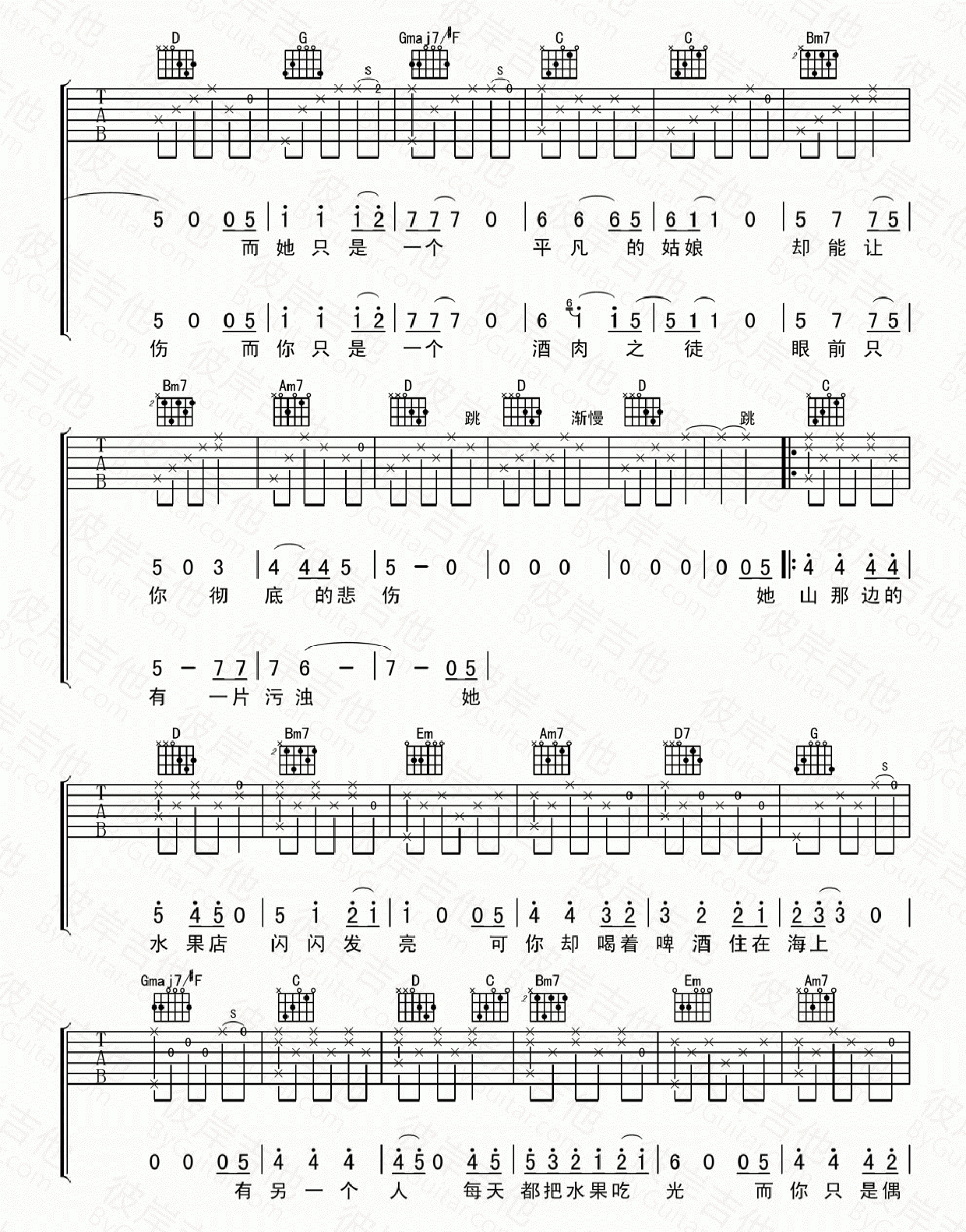 水果店的老板娘吉他谱_F调_宋冬野