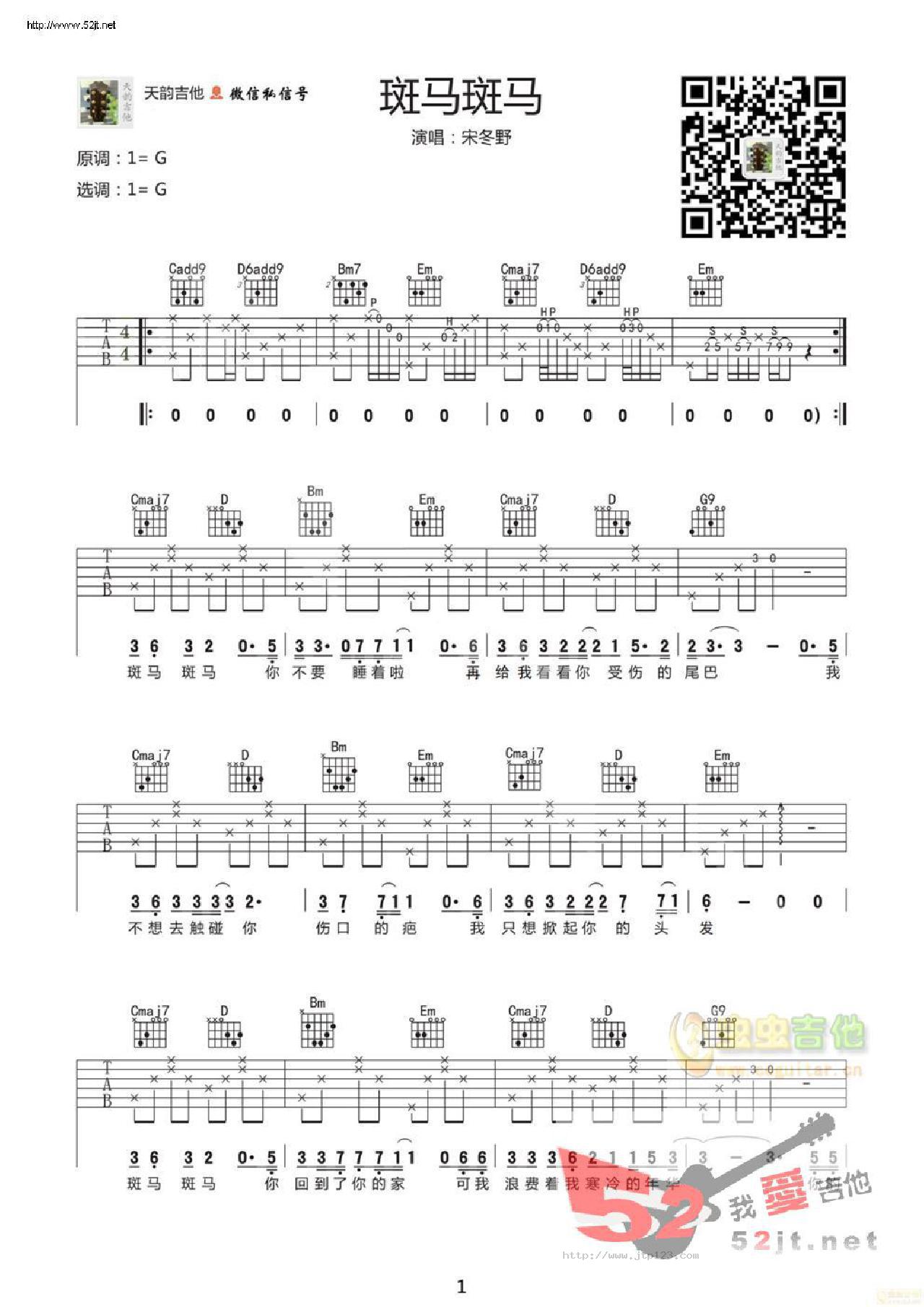 斑马吉他谱_宋冬野_G调和弦弹唱谱_图谱1