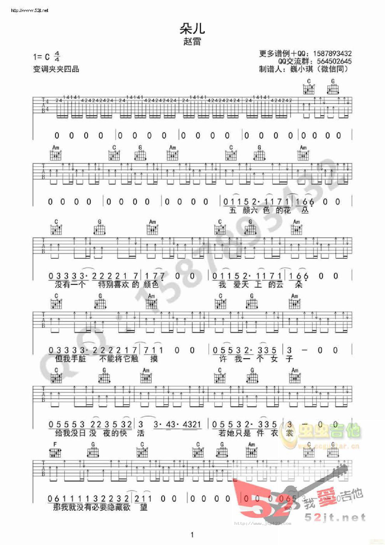 朵吉他谱_赵雷_C调和弦弹唱谱_简单版_图谱1