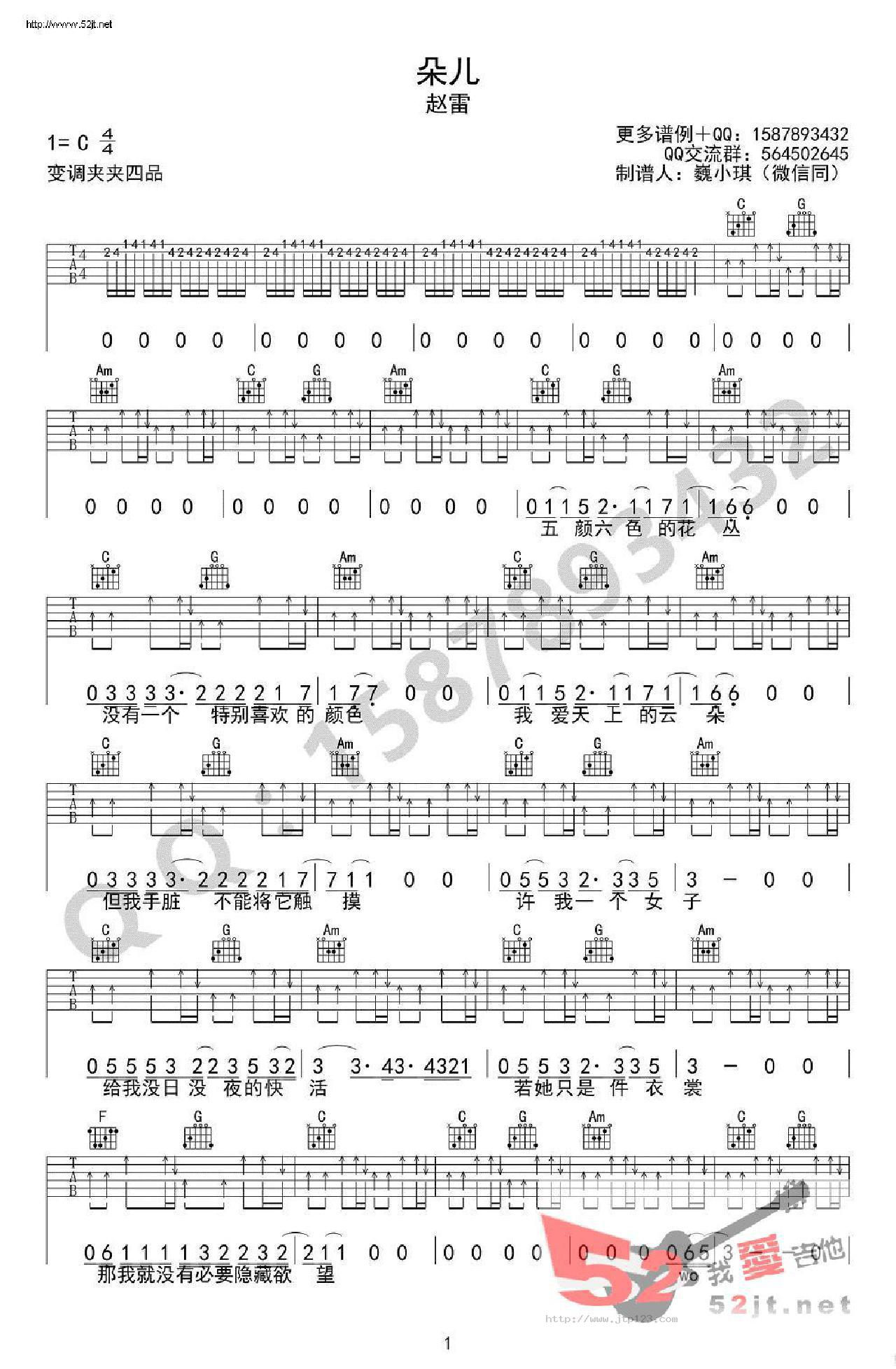 朵儿吉他谱_赵雷_C调和弦弹唱谱_简单版_图谱1