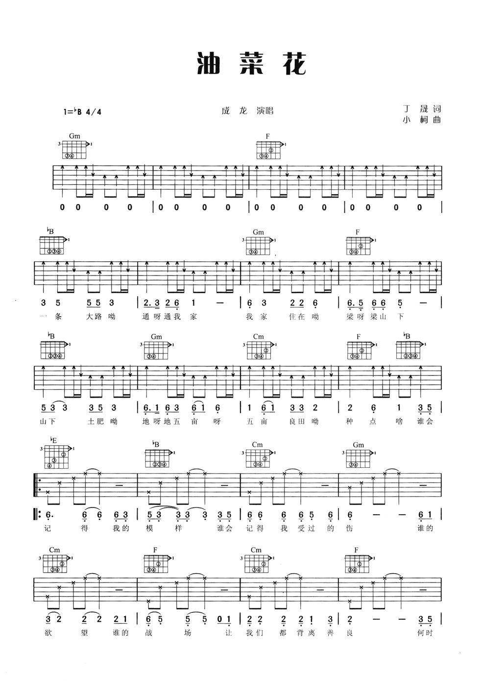 油菜花吉他谱_B调六线谱_简单版_成龙