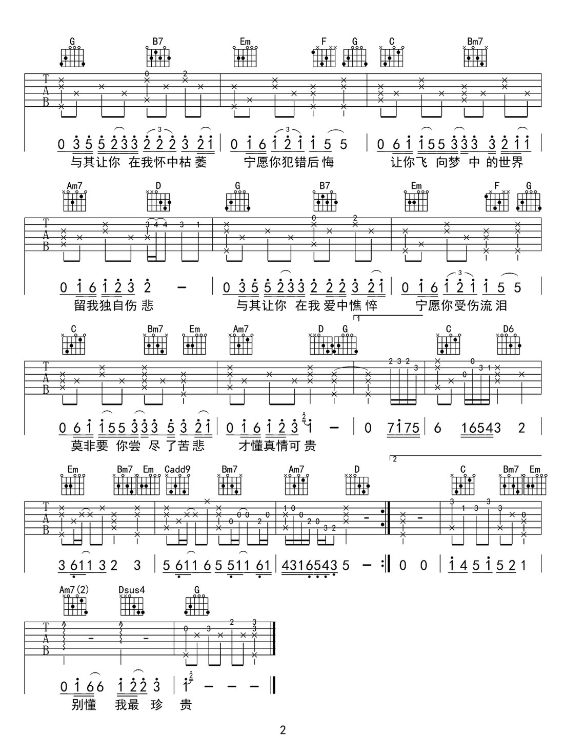 遗憾吉他谱_薛之谦_G调和弦弹唱谱_高清原版_图谱2
