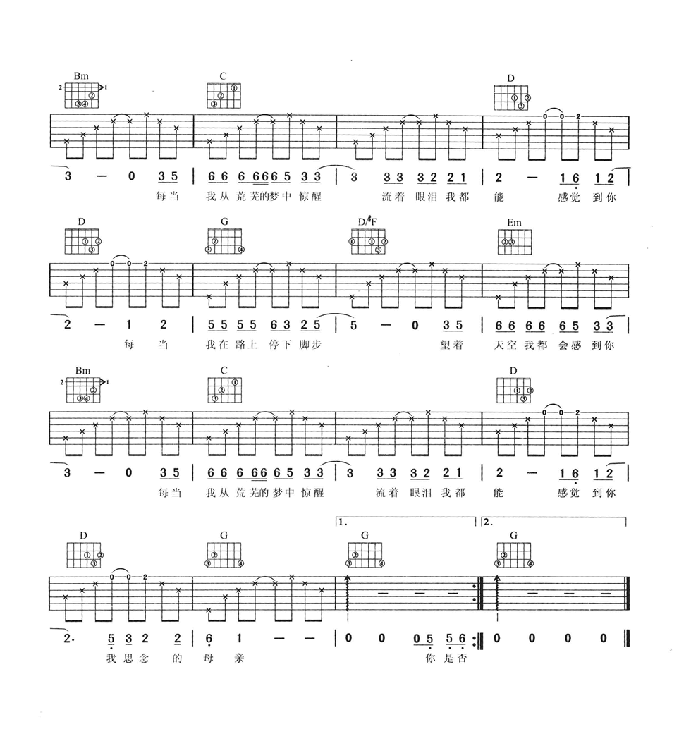 母亲吉他谱_G调六线谱_简单版_汪峰