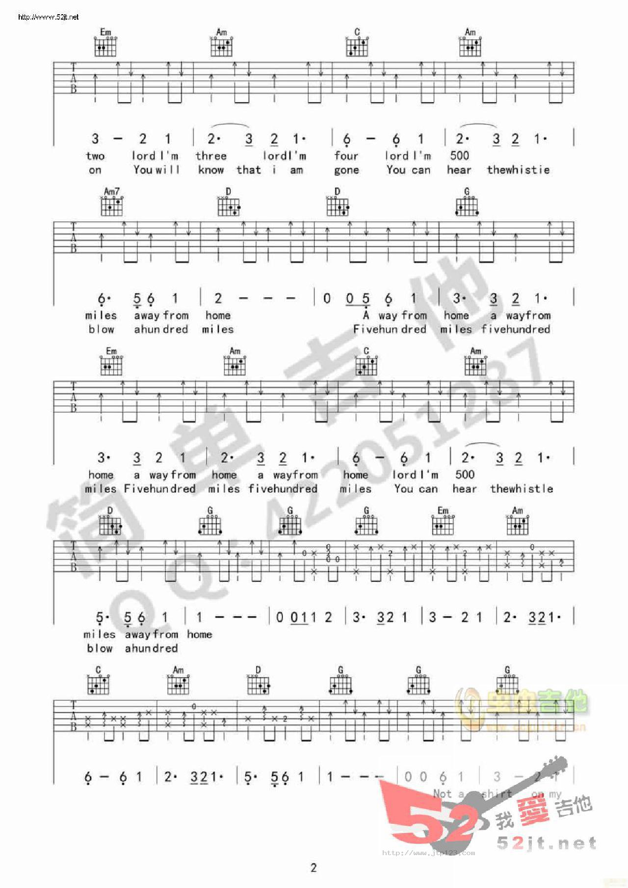 500miles吉他谱_thebrothersfour_G调和弦弹唱谱_原版简单版_图谱2