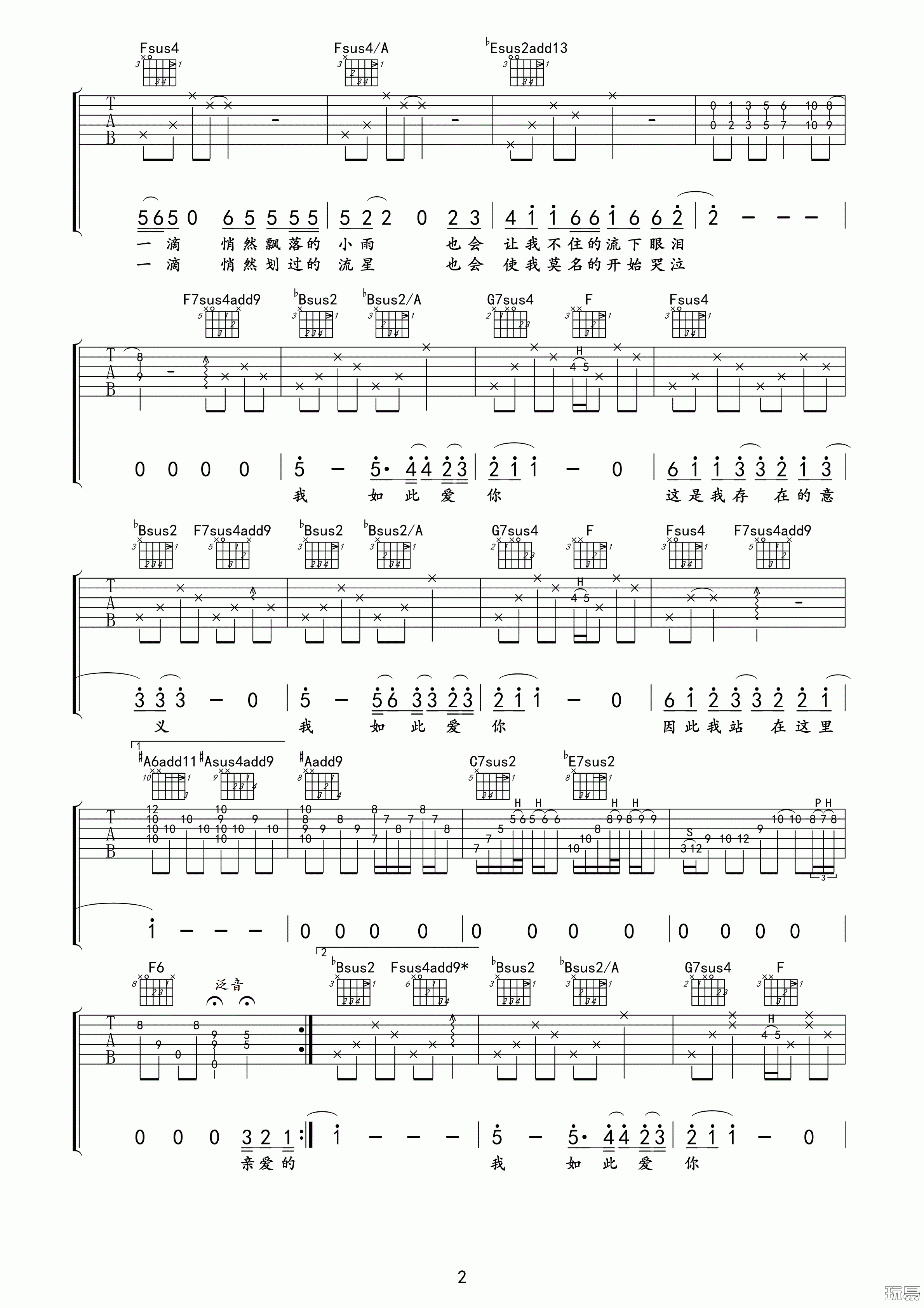 我如此爱你吉他谱_B调精选版_玩易吉他编配_汪峰