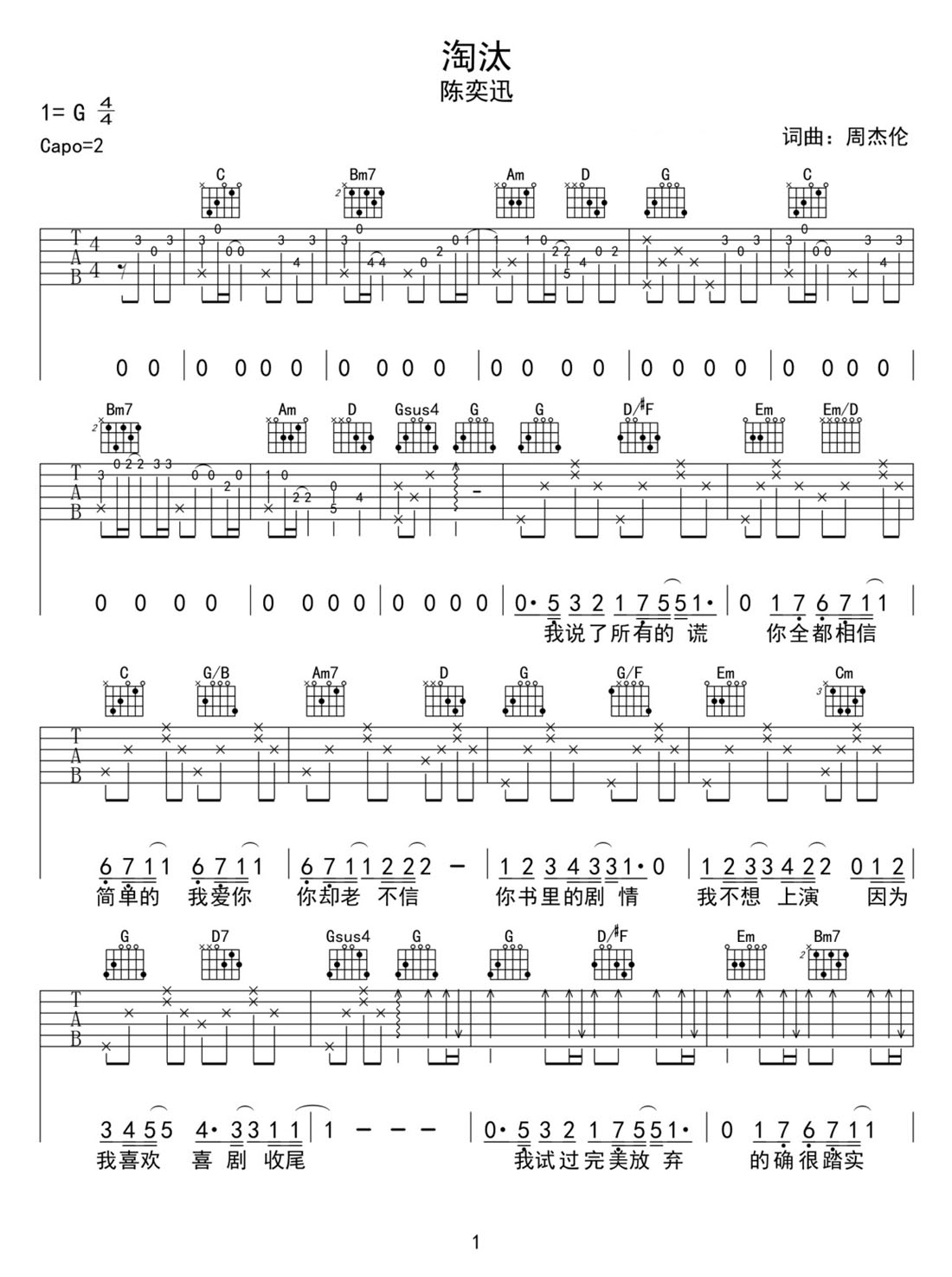 淘汰吉他谱_陈奕迅_G调和弦弹唱谱_高清带前奏_图谱1