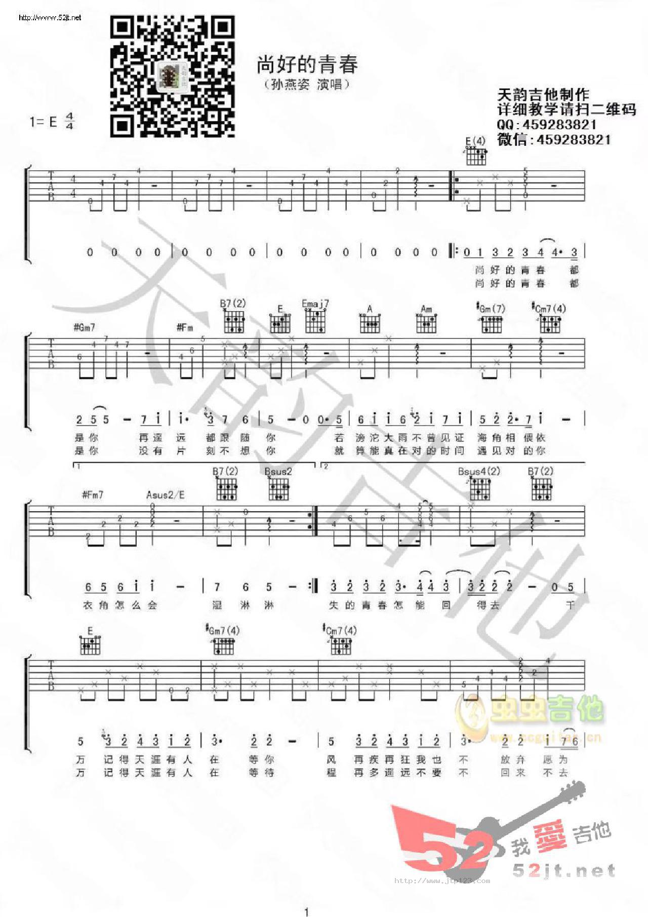 尚好的青春吉他谱_孙燕姿_E调和弦弹唱谱_天韵吉他版_图谱1