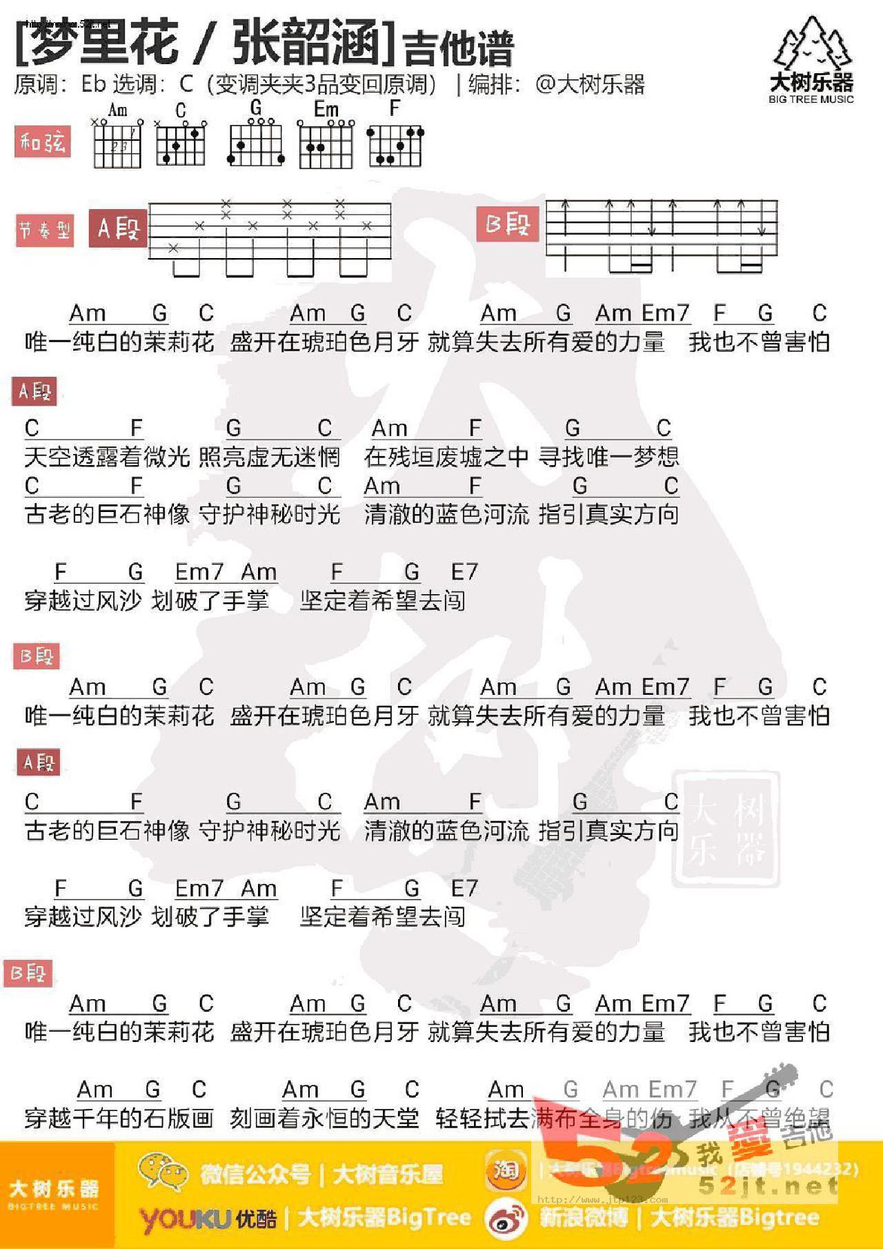 梦里花C调指法吉他谱_张韶涵_C调和弦弹唱谱_图谱1