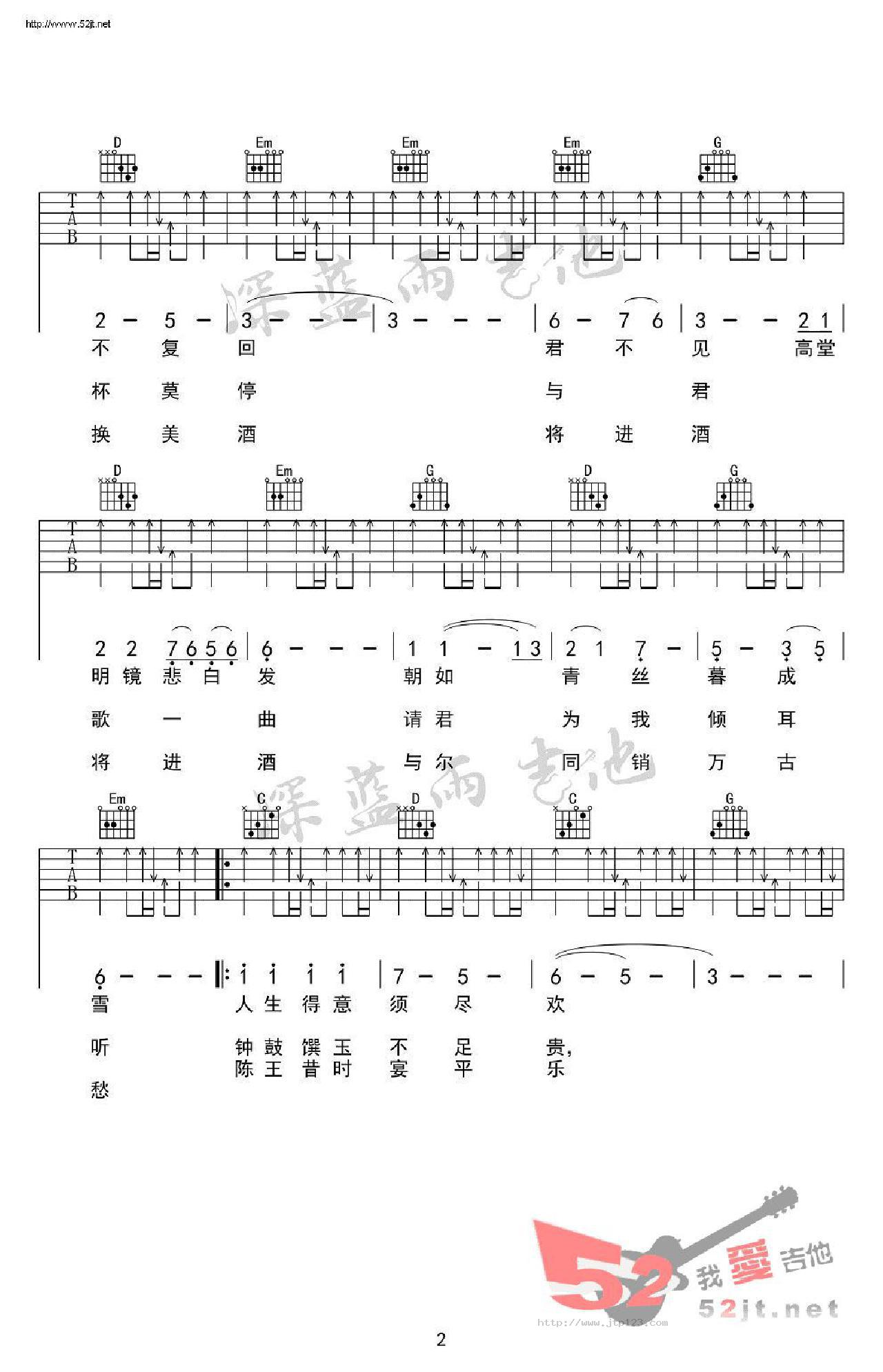 将进酒吉他谱_陈涌海_G调和弦弹唱谱_简单版_图谱2