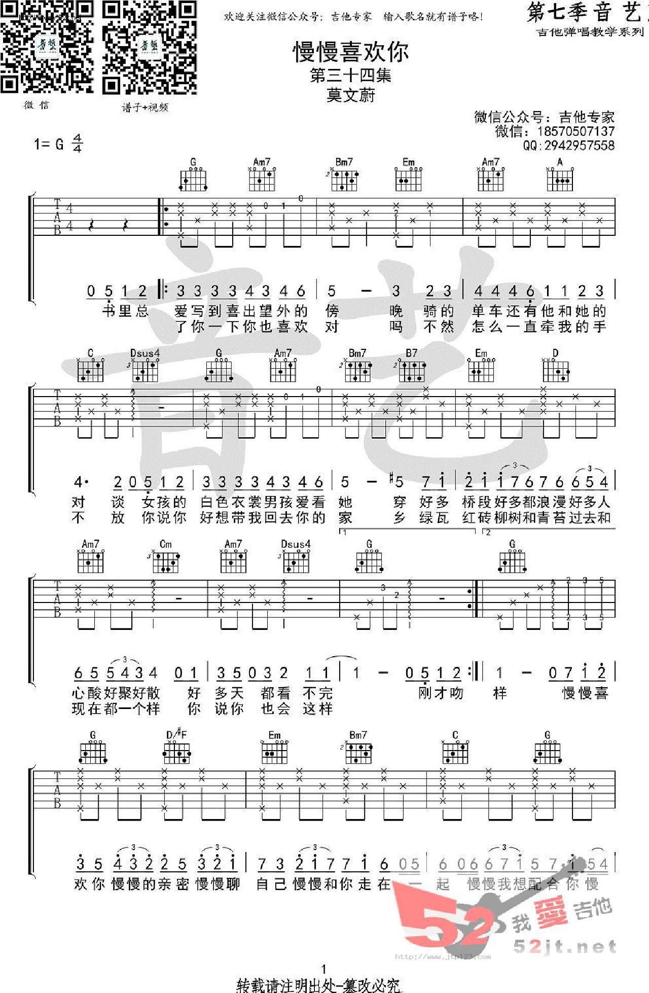 慢慢喜欢你吉他谱_莫文蔚_G调和弦弹唱谱_原版_图谱1