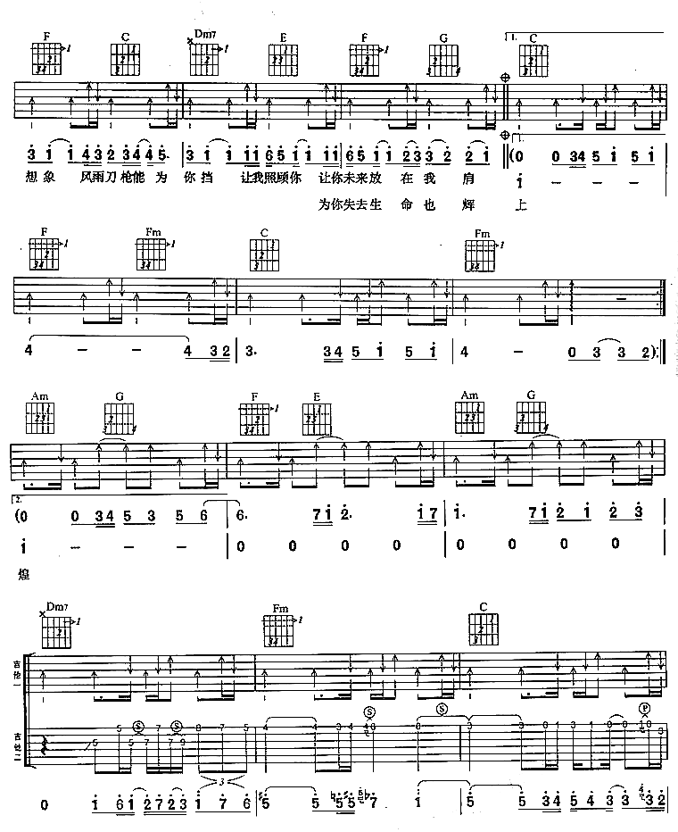 让我照顾你吉他谱_C调六线谱_简单版_五月天