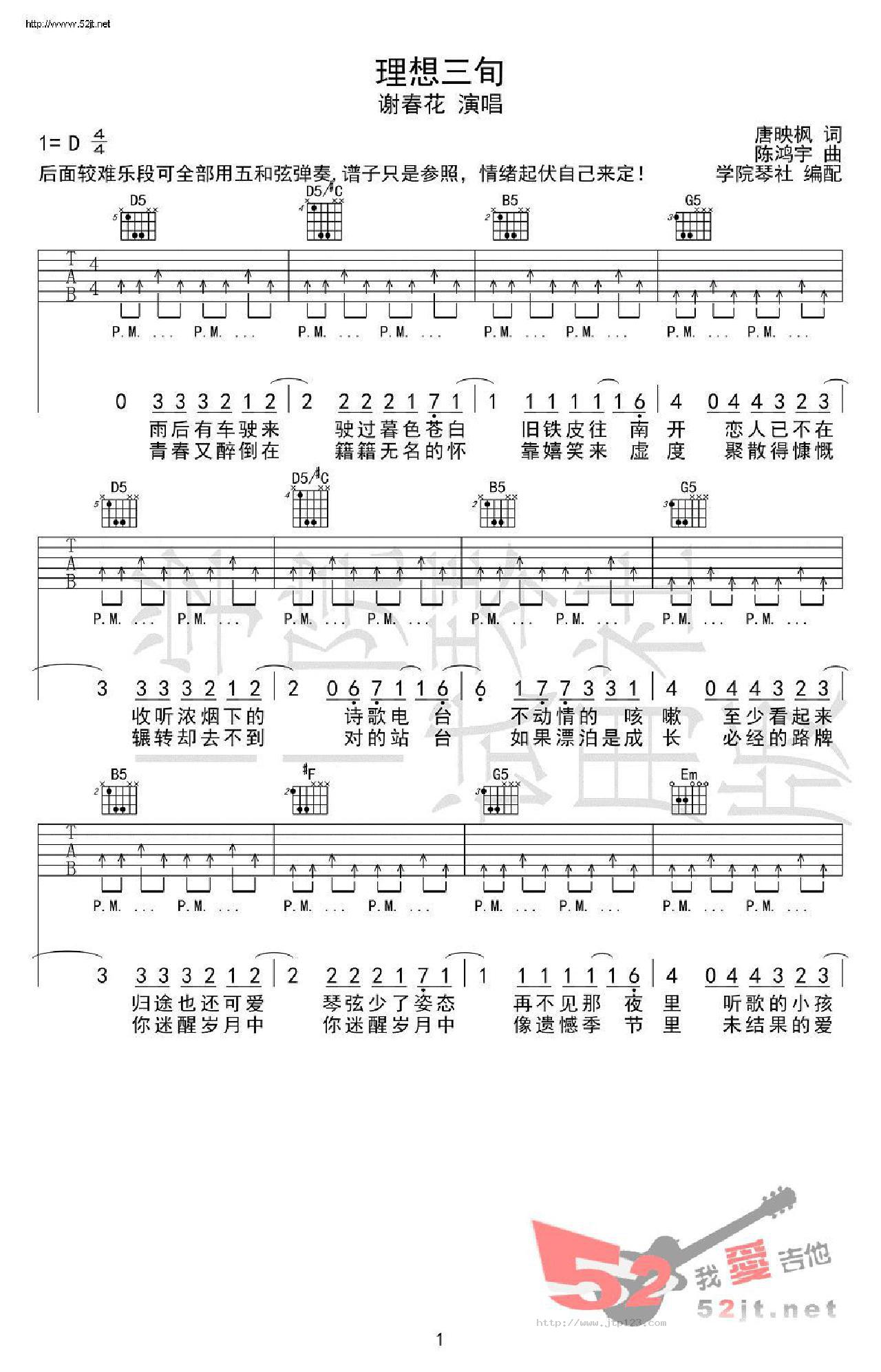 理想三旬吉他谱_谢春花_D调和弦弹唱谱_摇滚版本_图谱1