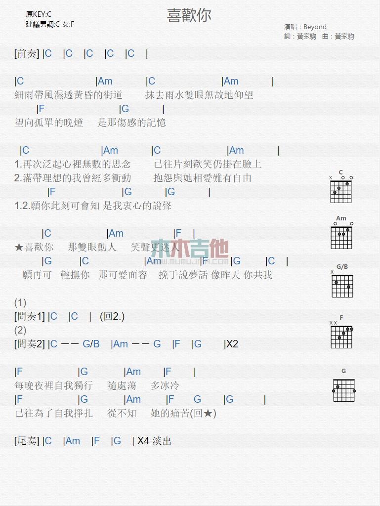 喜欢你_吉他谱_Beyond