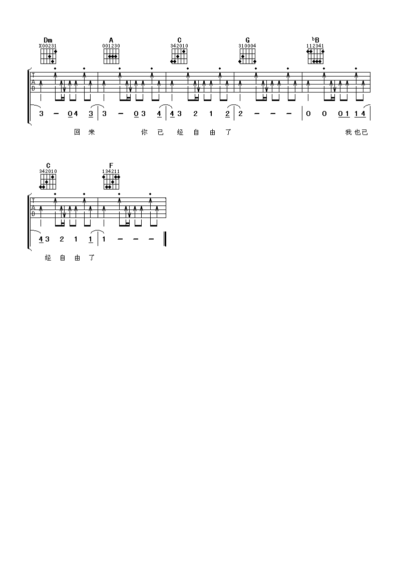 自由吉他谱_F调扫弦版_阿潘音乐工场编配_张震岳