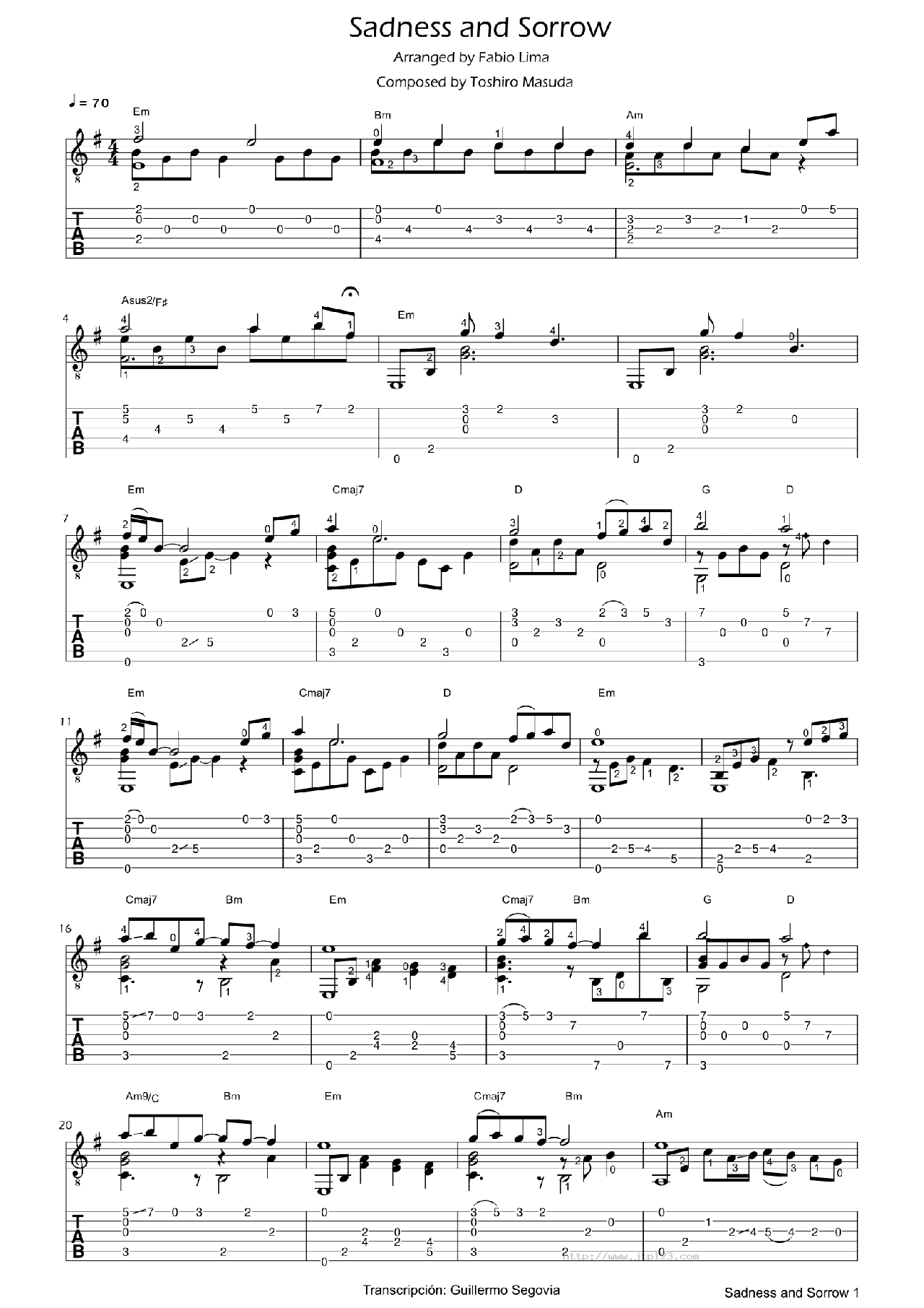 SadnessandSorrowNarutoOST吉他谱_FabioLima_C调指弹/独奏谱_ClassicalGuitar_图谱1