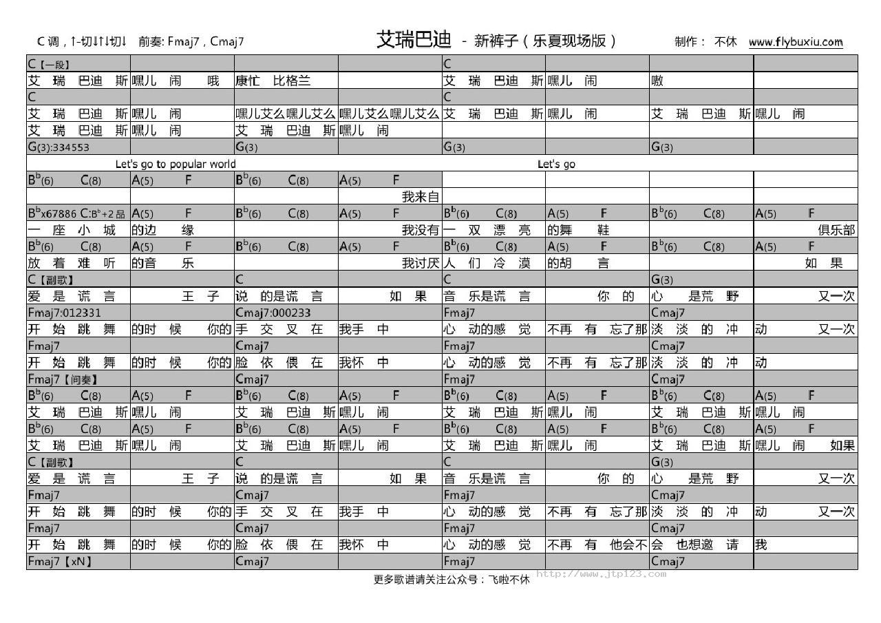 艾瑞巴迪吉他谱_新裤子_C调和弦弹唱谱_乐队的夏天现场版_图谱1