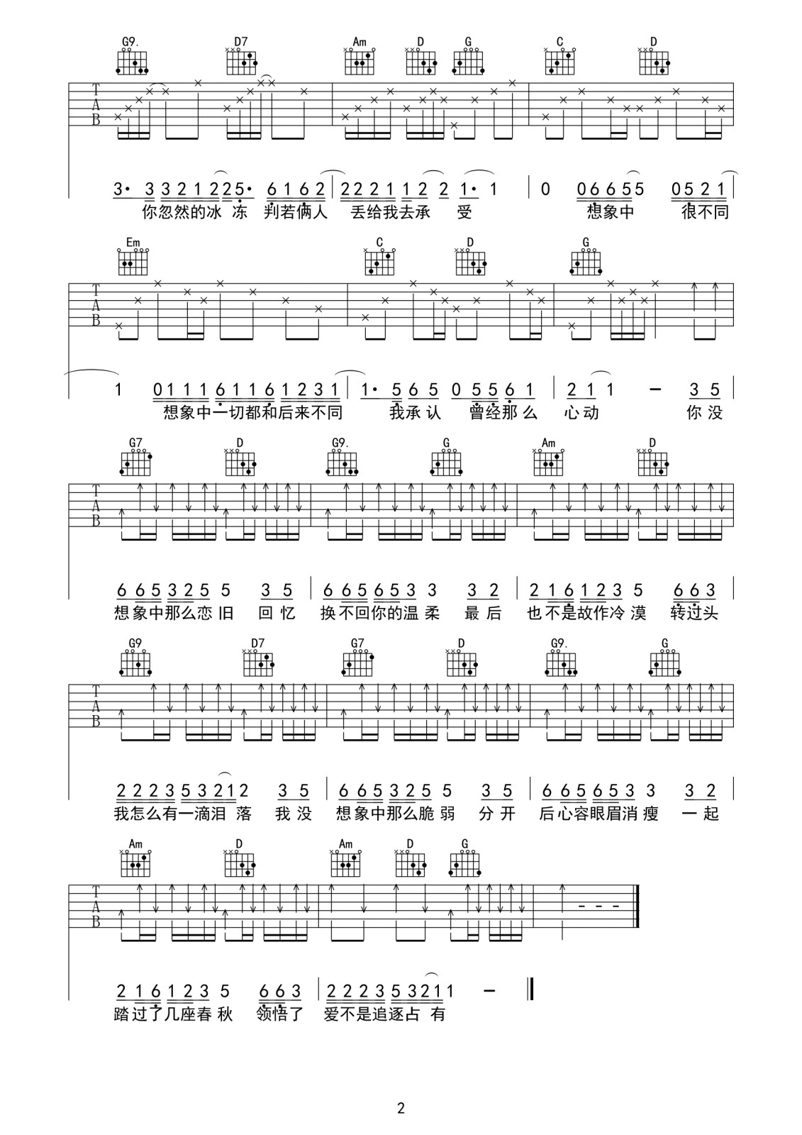 想象之中吉他谱_G调六线谱_简单版编配_许嵩