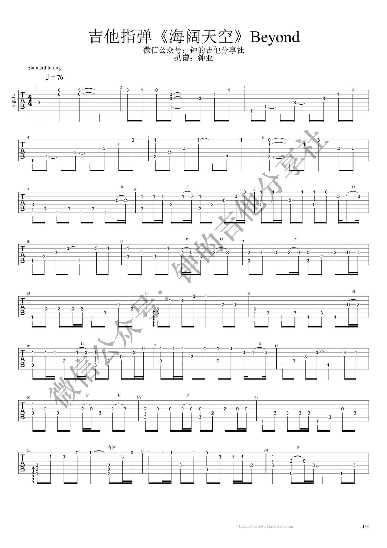 海阔天空吉他谱_Beyond_G调指弹/独奏谱_图谱1