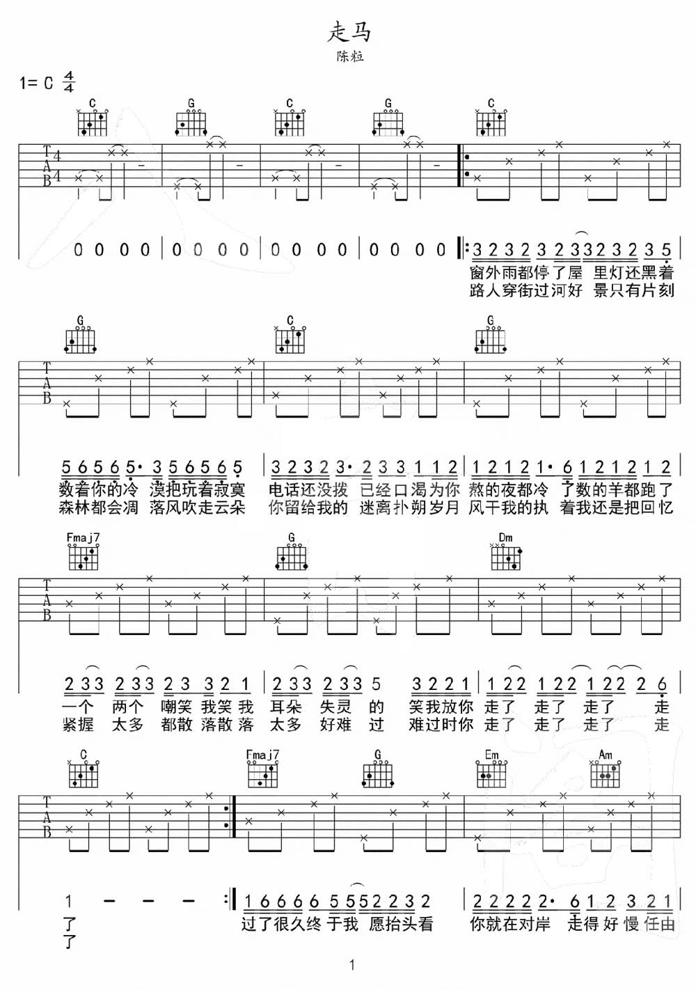走马吉他谱_陈粒_C调和弦弹唱谱_简易版_图谱1
