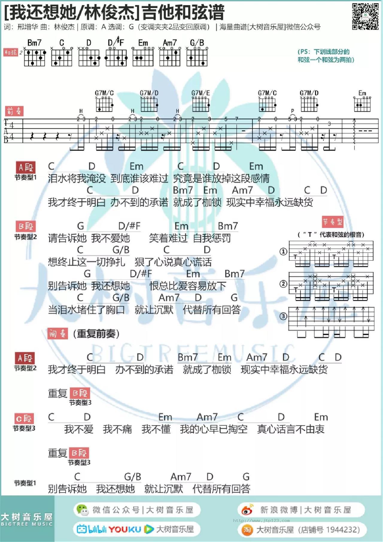 我还想她吉他谱_林俊杰_G调和弦弹唱谱_图谱2