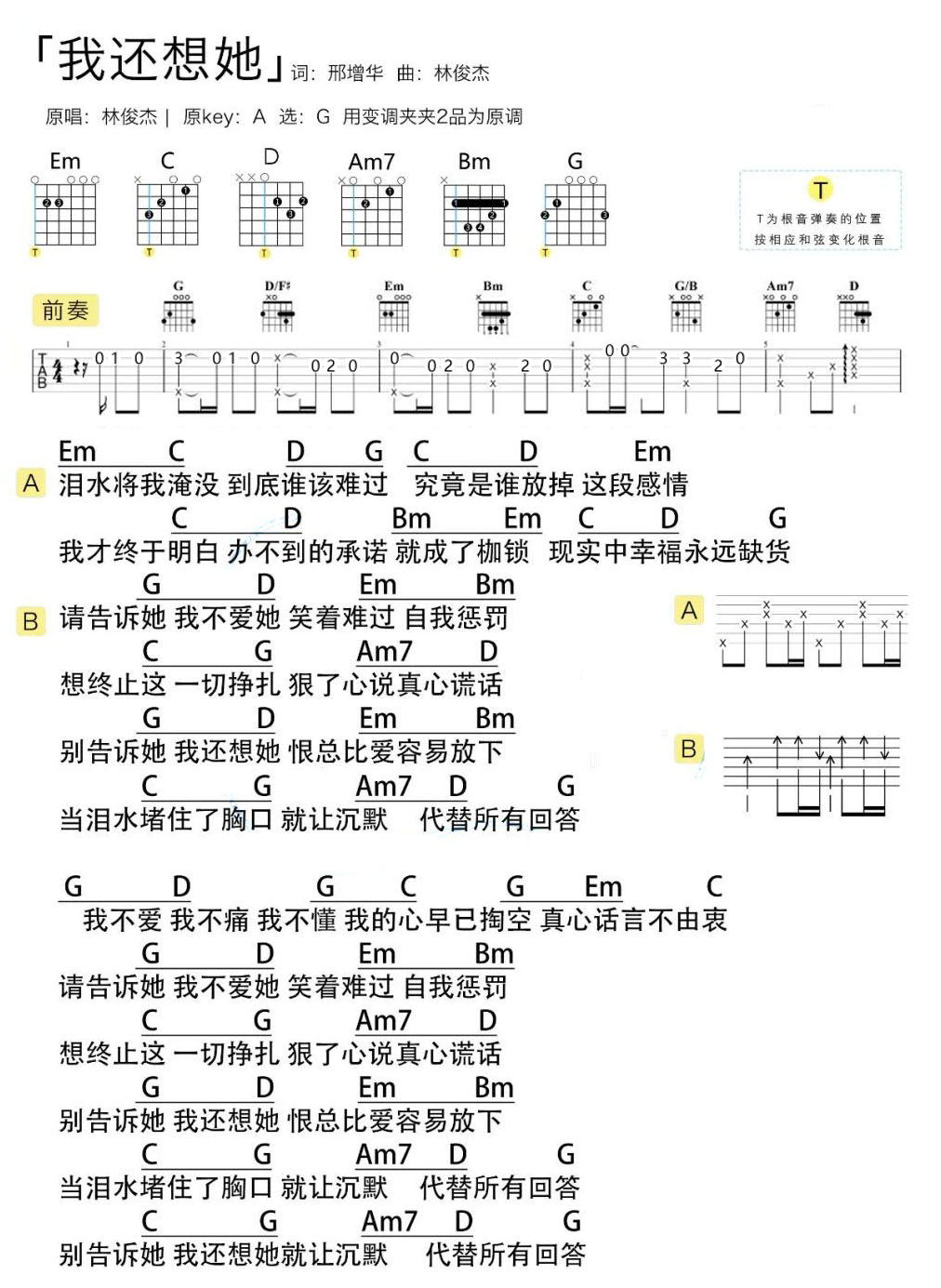 我还想她吉他谱_林俊杰_G调和弦弹唱谱_图谱1