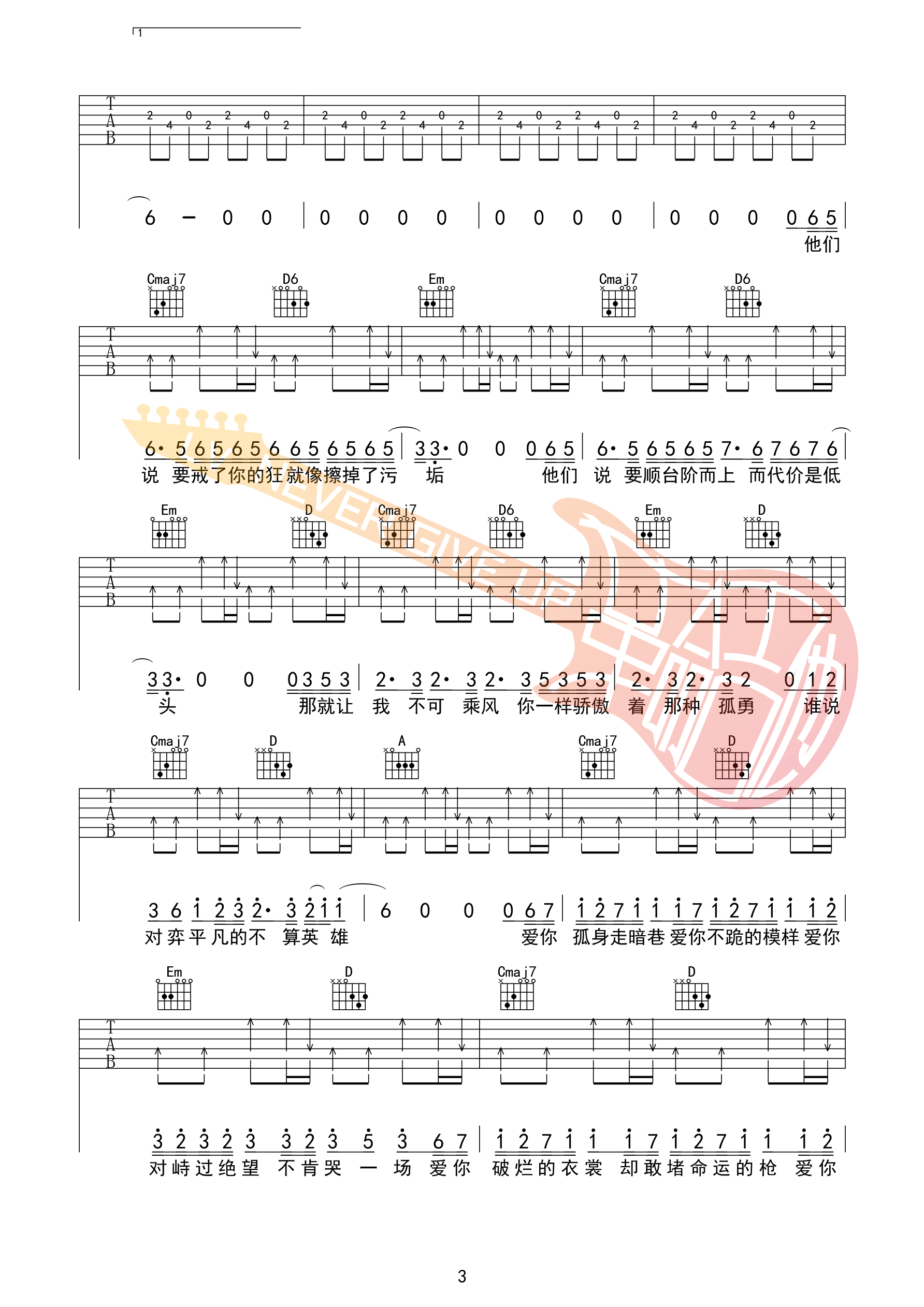陈奕迅_孤勇者_弹唱吉他谱还原原版