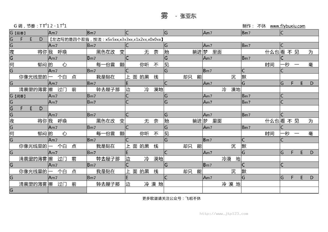 雾吉他谱_张亚东_G调和弦弹唱谱_图谱1