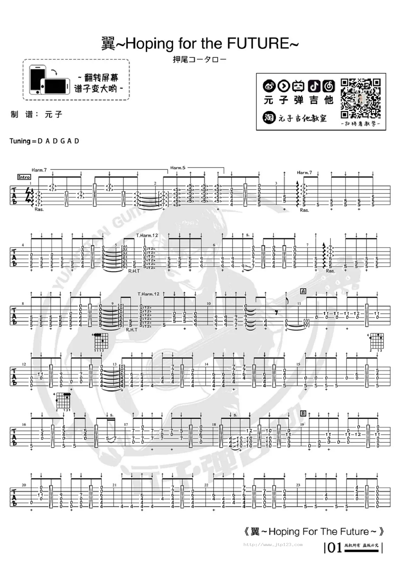 翼~HopingfortheFUTURE~吉他谱_押尾桑_D调指弹/独奏谱_Wings十周年版_图谱1