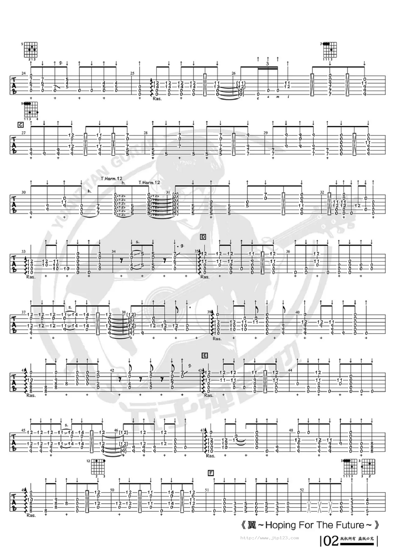 翼~HopingfortheFUTURE~吉他谱_押尾桑_D调指弹/独奏谱_Wings十周年版_图谱2
