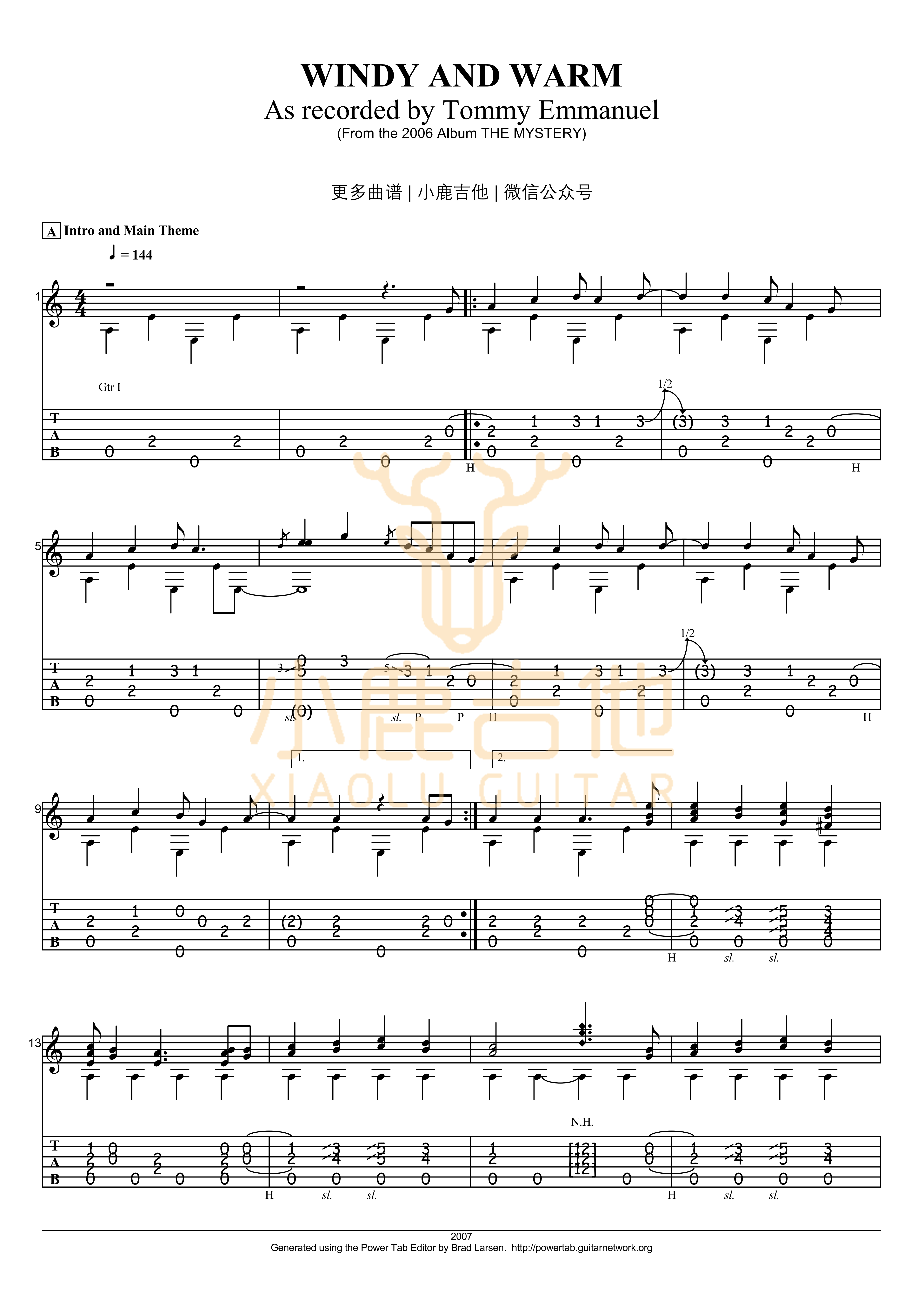 Windy_and_warm_Tommy_Emmanuel指弹吉他谱（小鹿吉他）