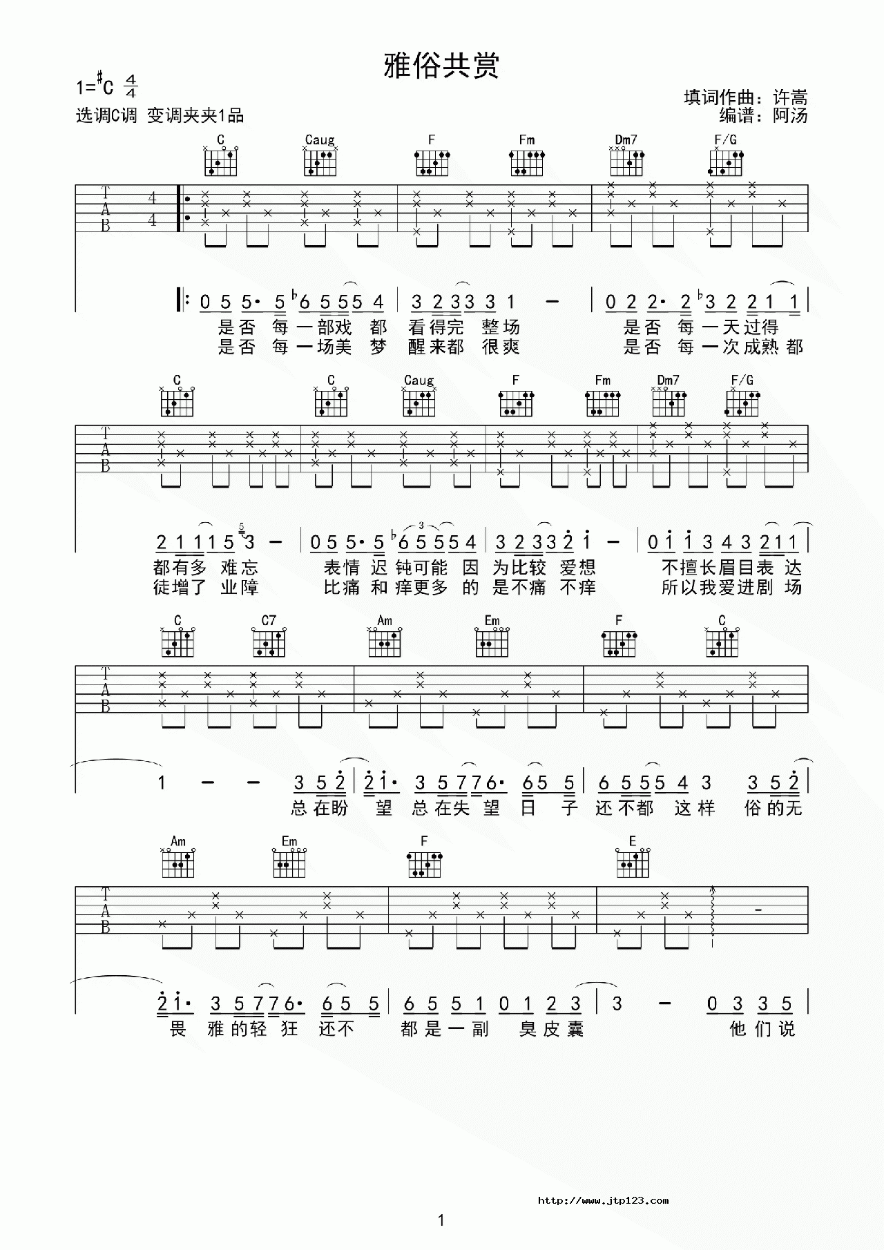 雅俗共赏吉他谱_许嵩_C调和弦弹唱谱_中级版_图谱1