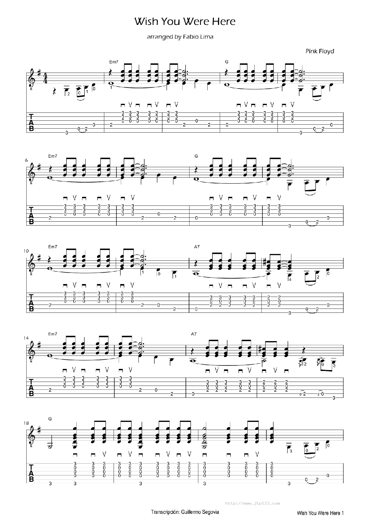 PinkFloydWishYouWereHere吉他谱_FabioLima_C调指弹/独奏谱_图谱1