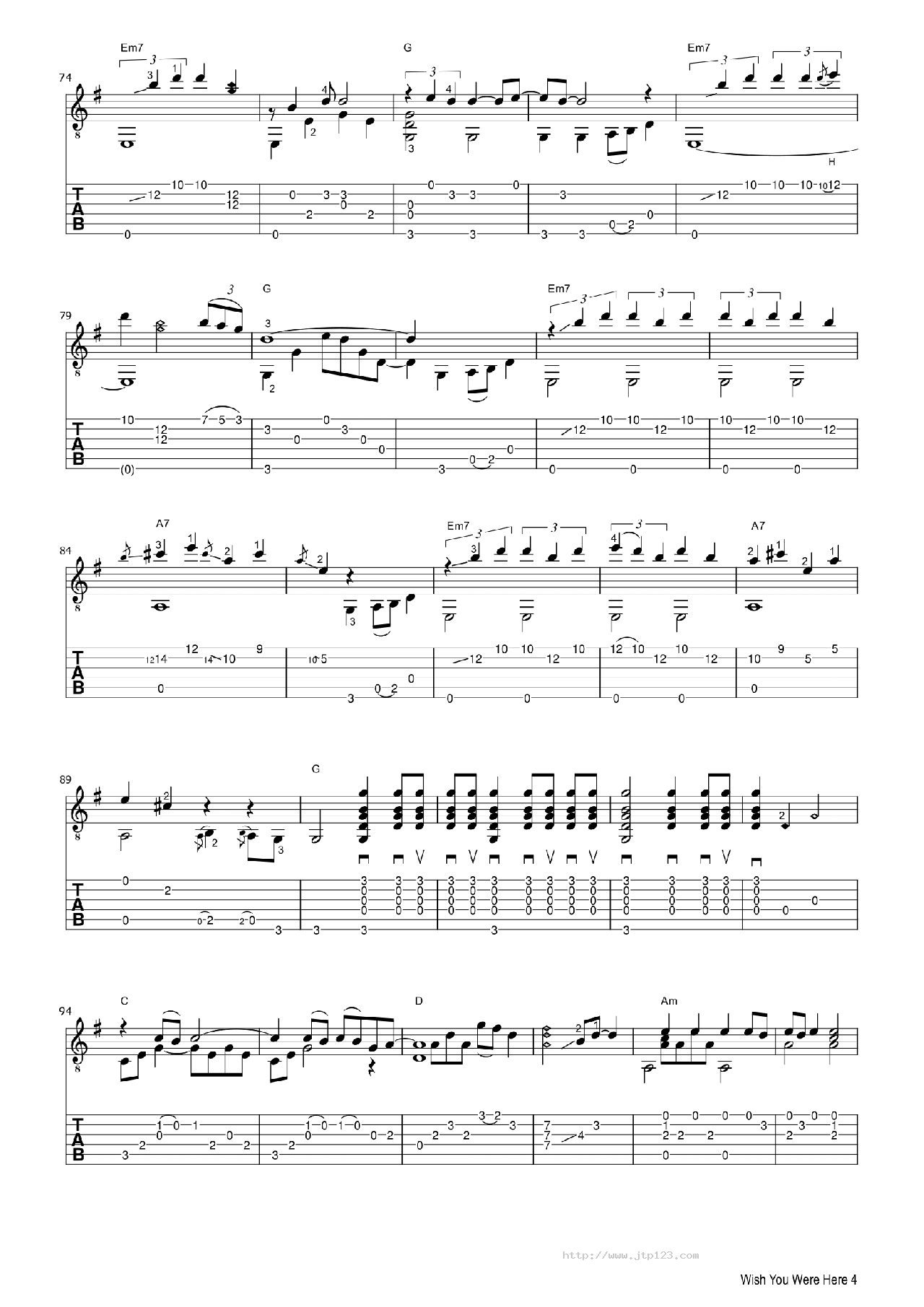 PinkFloydWishYouWereHere吉他谱_FabioLima_C调指弹/独奏谱_图谱4