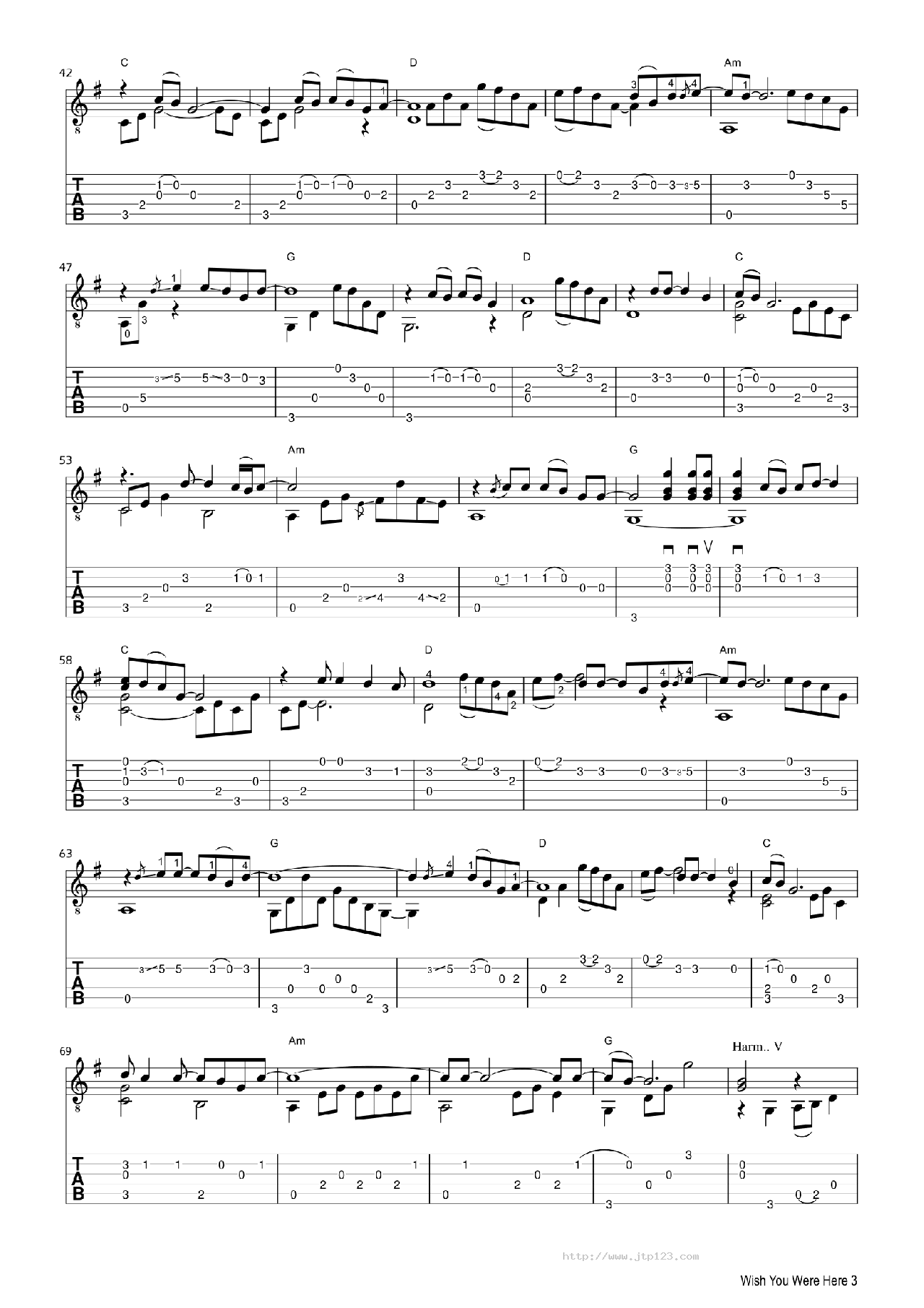 PinkFloydWishYouWereHere吉他谱_FabioLima_C调指弹/独奏谱_图谱3