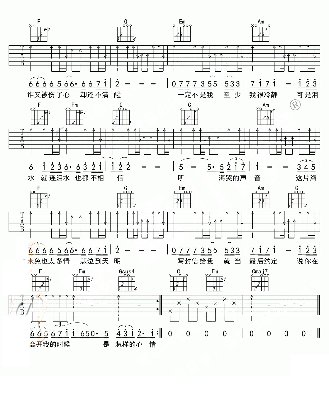 听海吉他谱_张惠妹_C调和弦弹唱谱_简单版_图谱2