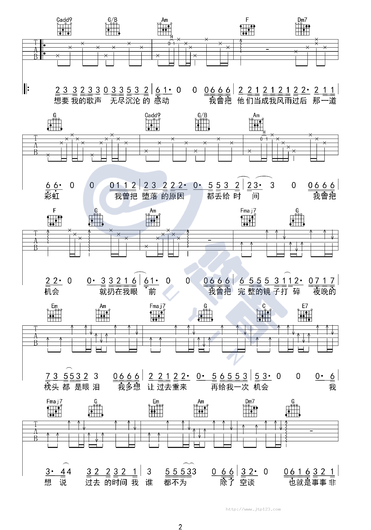 我曾吉他谱_隔壁老樊_C调和弦弹唱谱_图谱2