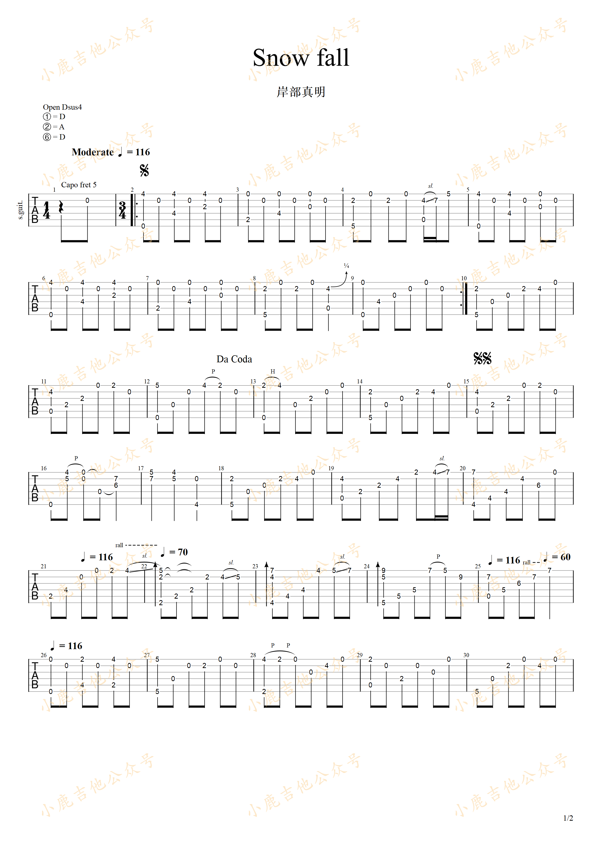 Snow_fall_岸部真明_指弹吉他谱(小鹿吉他)